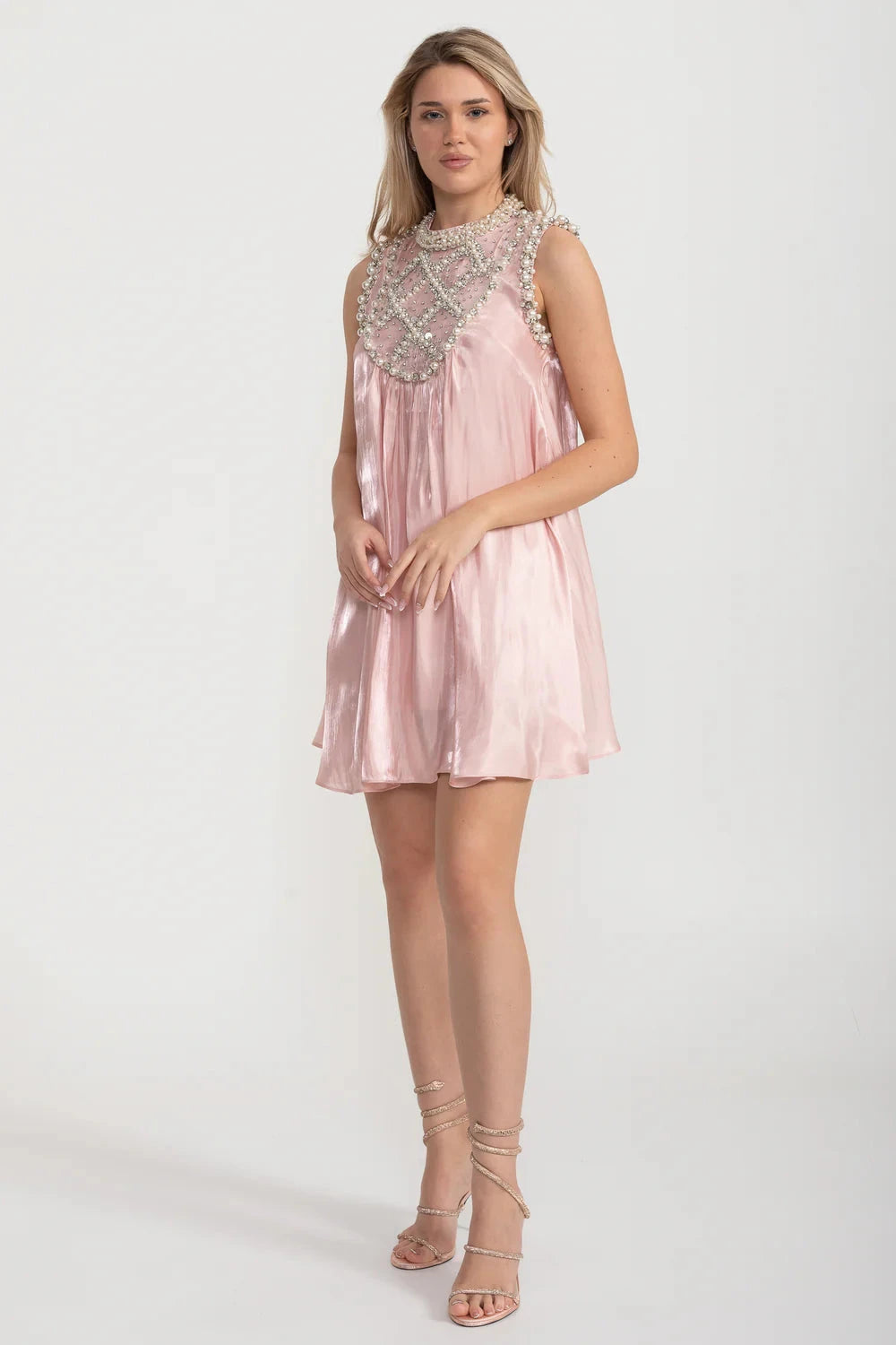 Elegant A-Line Sleeveless Dress With Intricate Pearl And Crystal Embellishments - Pink