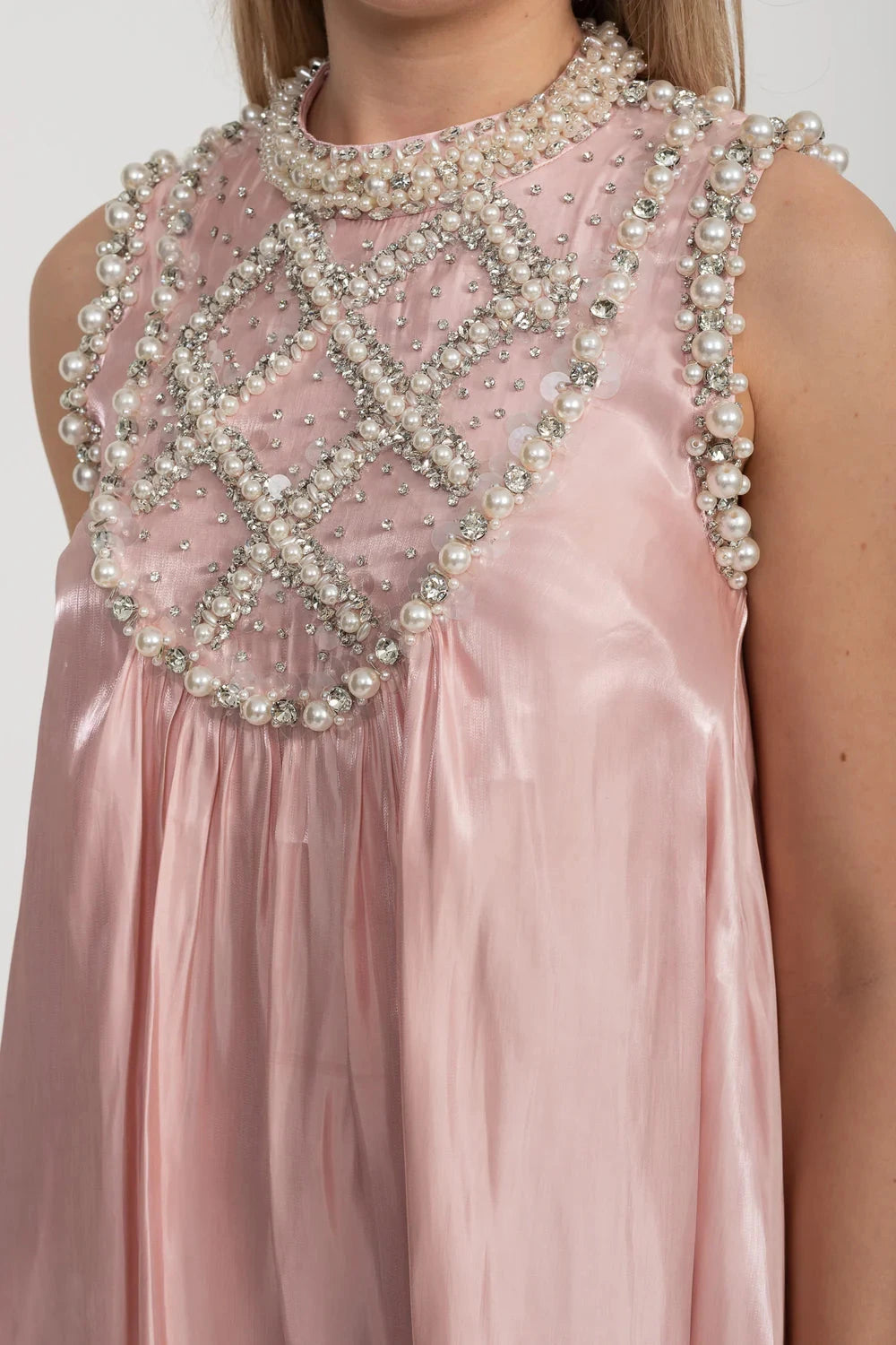 Elegant A-Line Sleeveless Dress With Intricate Pearl And Crystal Embellishments - Pink