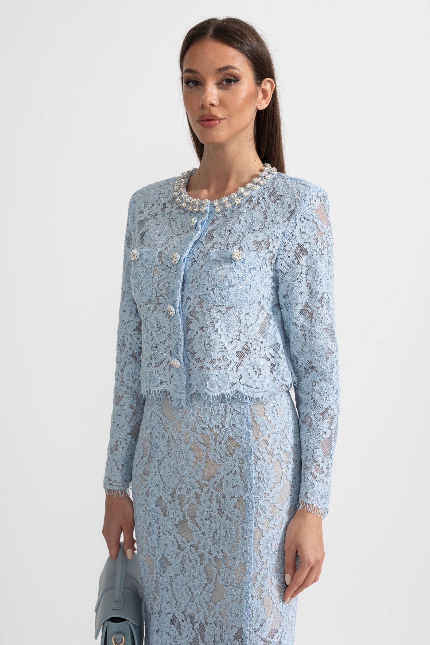 Lace Co-Ord With Sparkling Neckline Embellishments And Midi Skirt - Blue