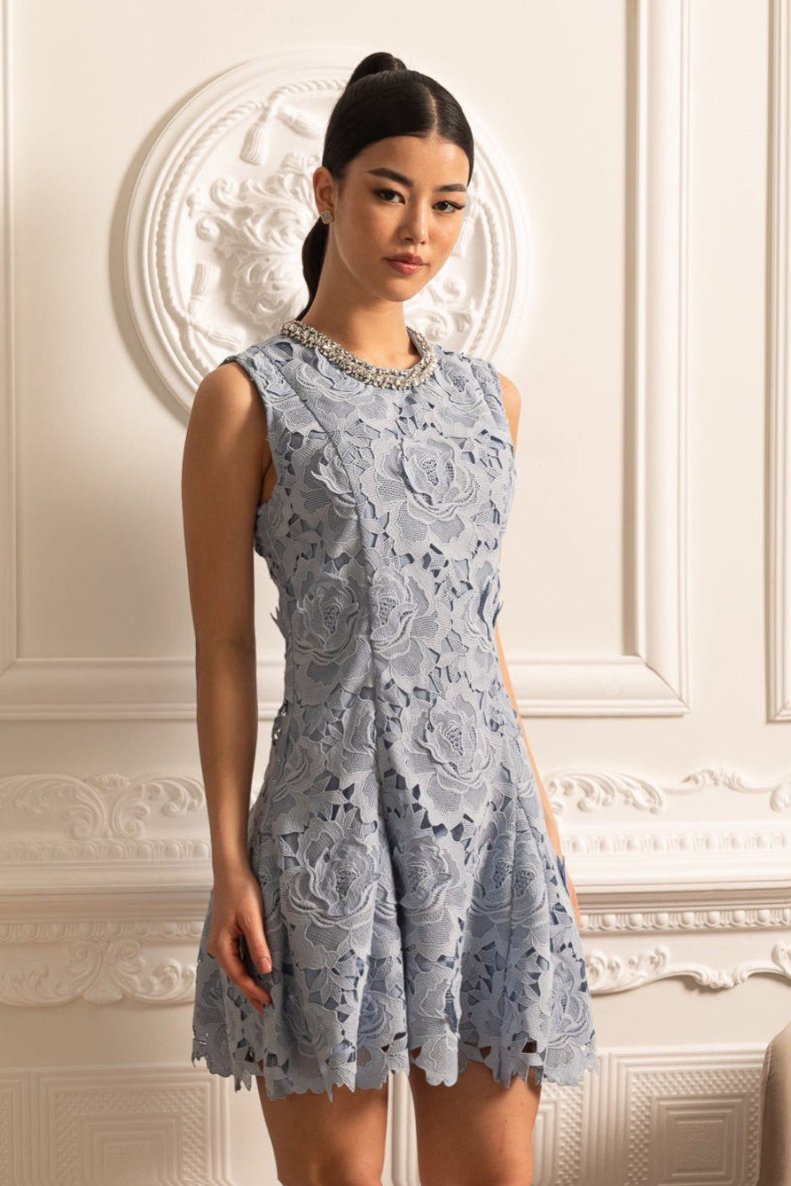 Floral Pattern Lace Mini Dress With Sparkling Neckline  - Blue