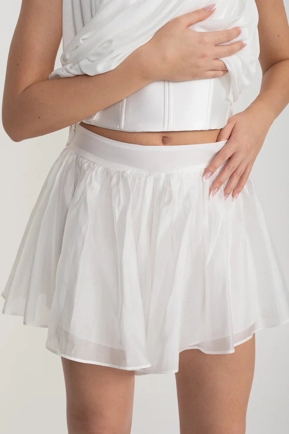 Draped Co-Ord With Flower-Embellished Top And Matching Sheer Skirt - White