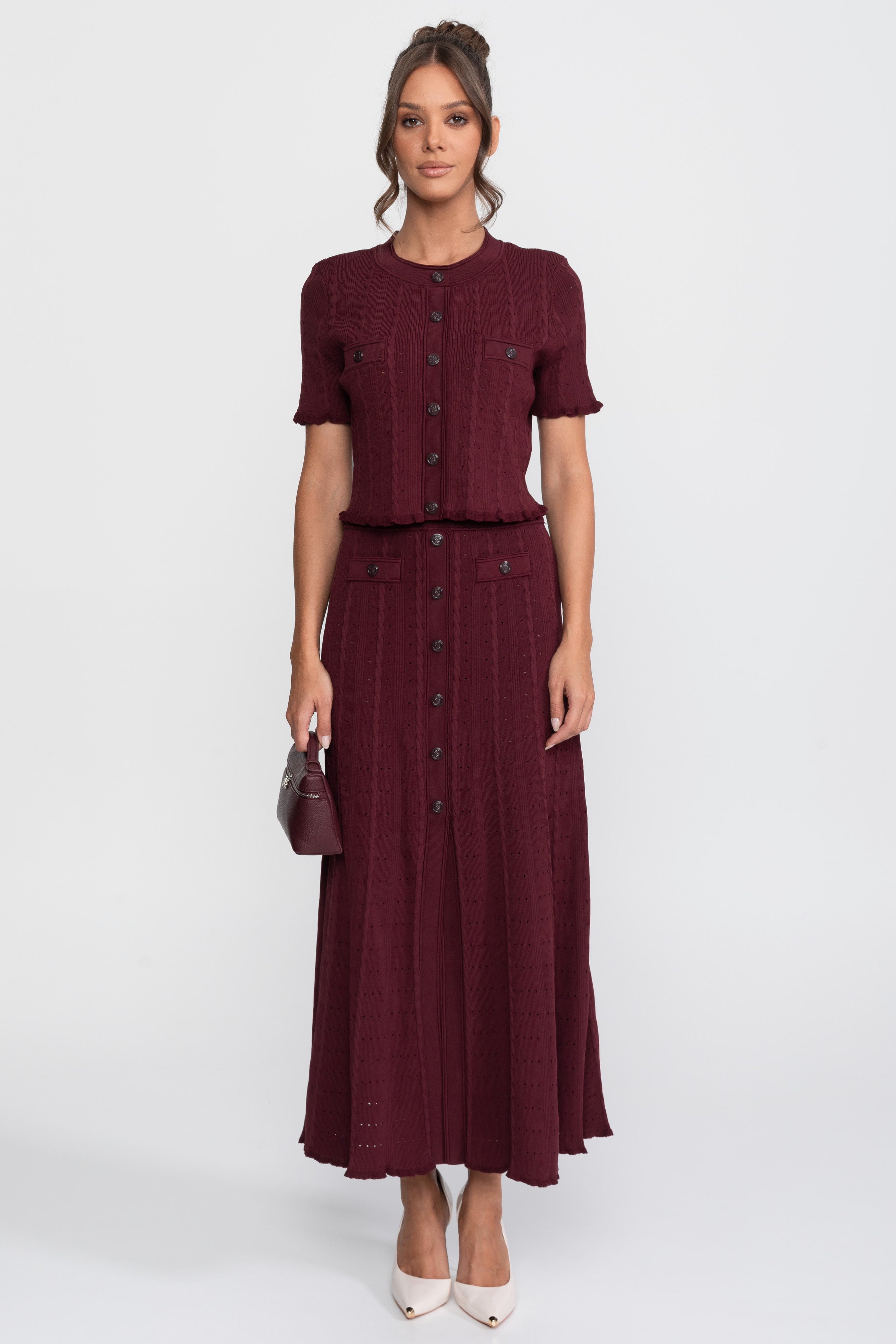 Set tricotat ribat coordonat cu cardigan cu nasturi în față și fustă maxi asortată - Burgundy 