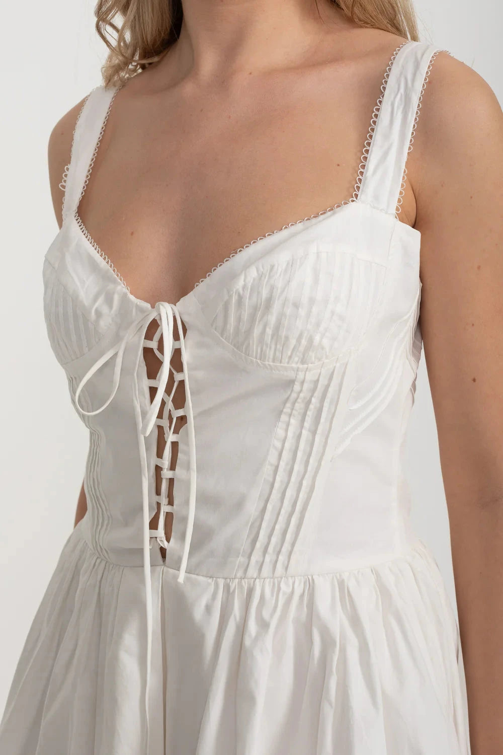 Corset Style Sleeveless Dress With Lace-Up Front Detailing - White
