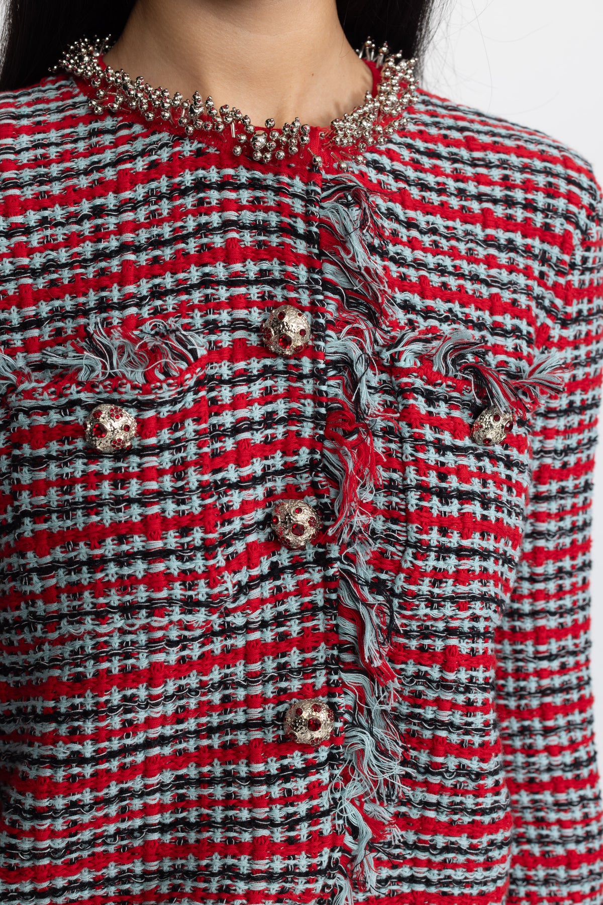 Set coordonat din jachetă din tweed cu franjuri și fustă midi - roșu multicolor 