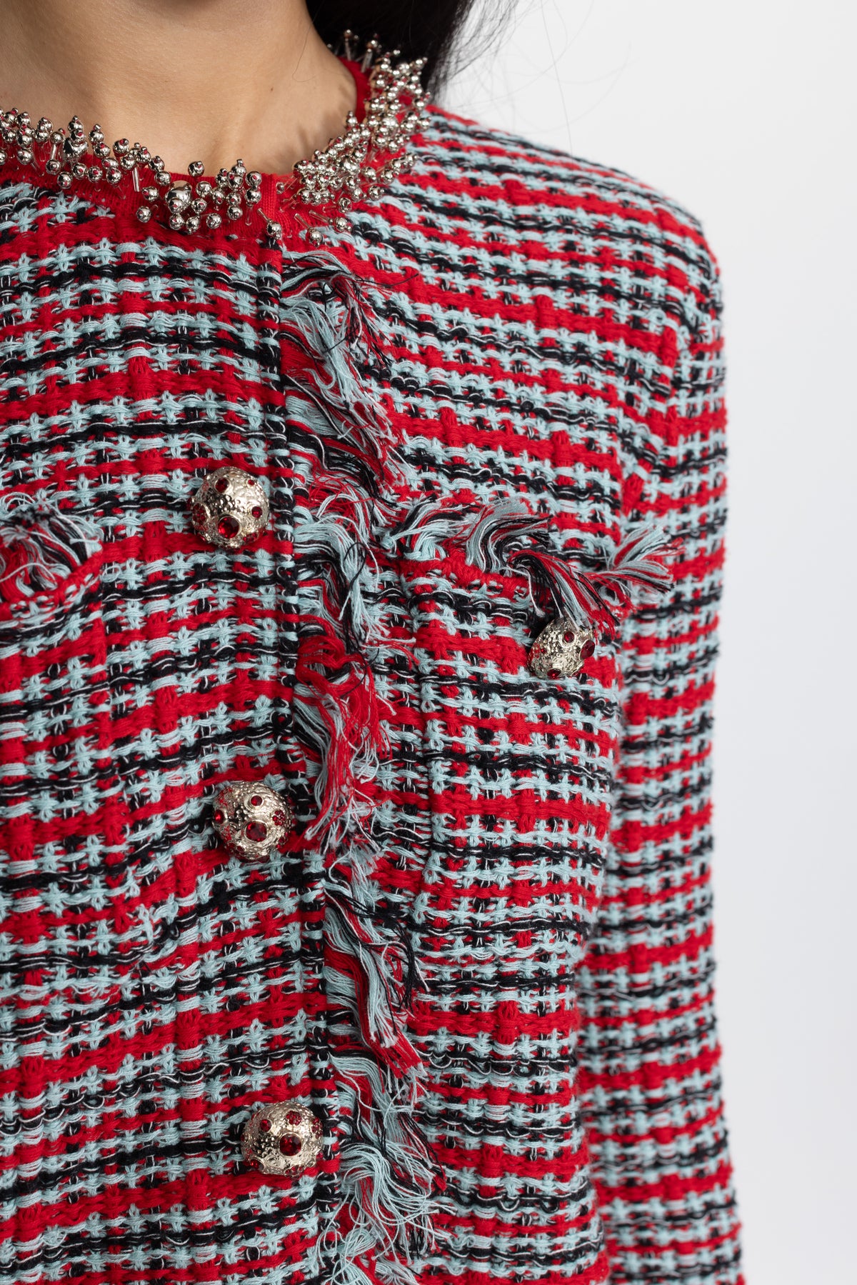Set coordonat din jachetă din tweed cu franjuri și fustă midi - roșu multicolor 
