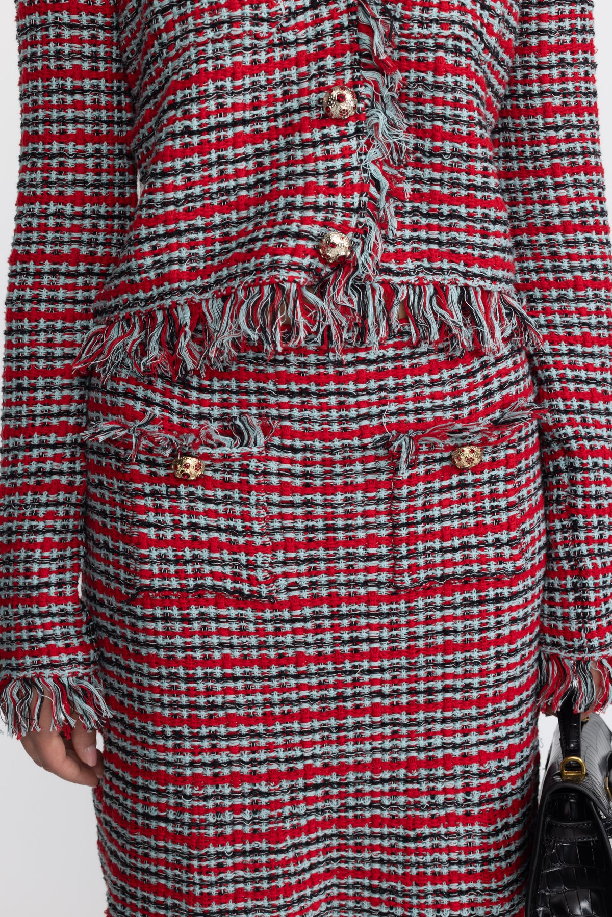 Set coordonat din jachetă din tweed cu franjuri și fustă midi - roșu multicolor 