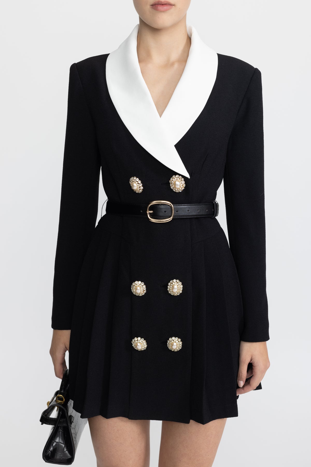 Rochie mini tip blazer cu revere contrastante, cordon și pliuri - Negru 