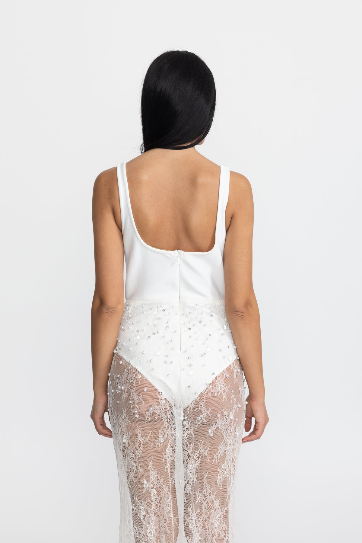 Pearl Embellished Corset Bodysuit Lace Jumpsuit - White