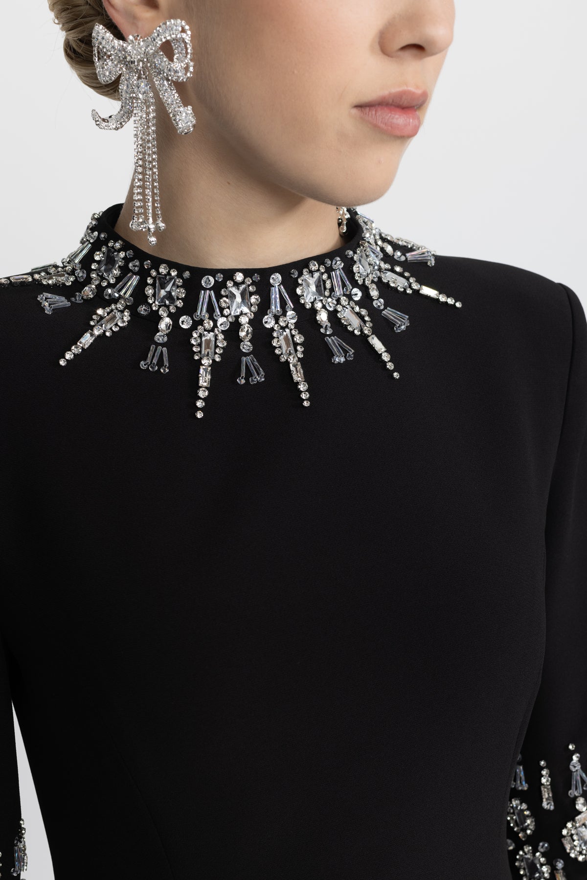 Crystal Embellished Collar and Cuff Maxi Dress - Black