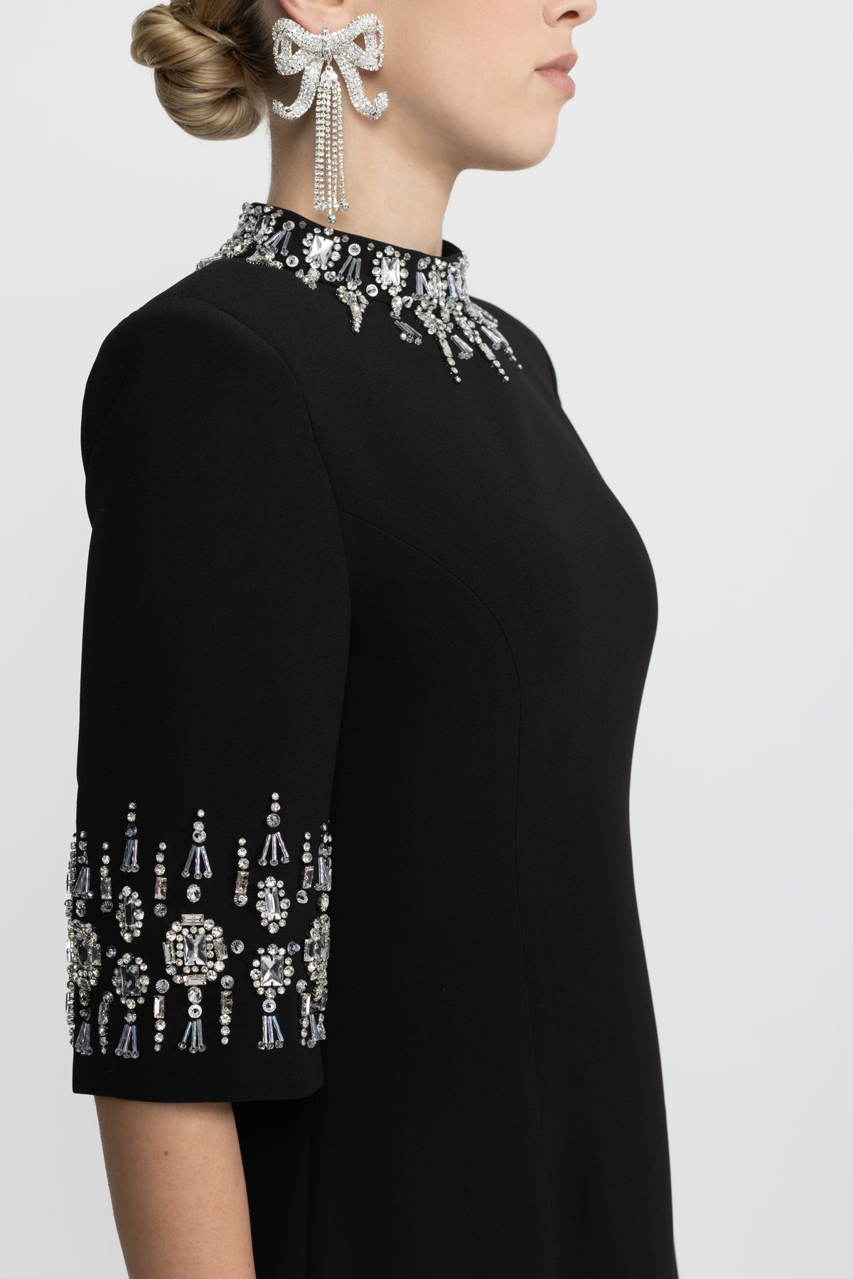 Crystal Embellished Collar and Cuff Maxi Dress - Black