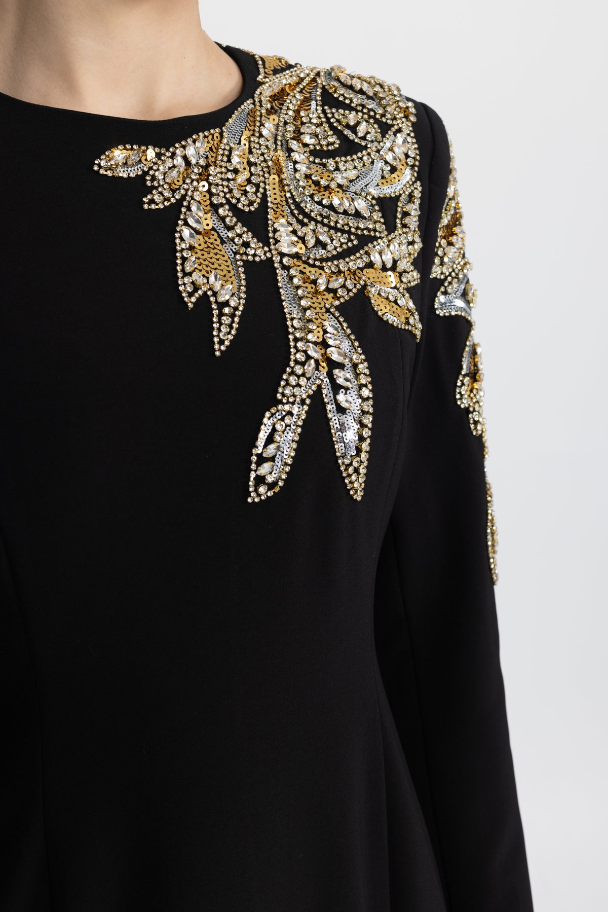 Crystal Leaf Embellished Long Sleeve Maxi Dress - Black