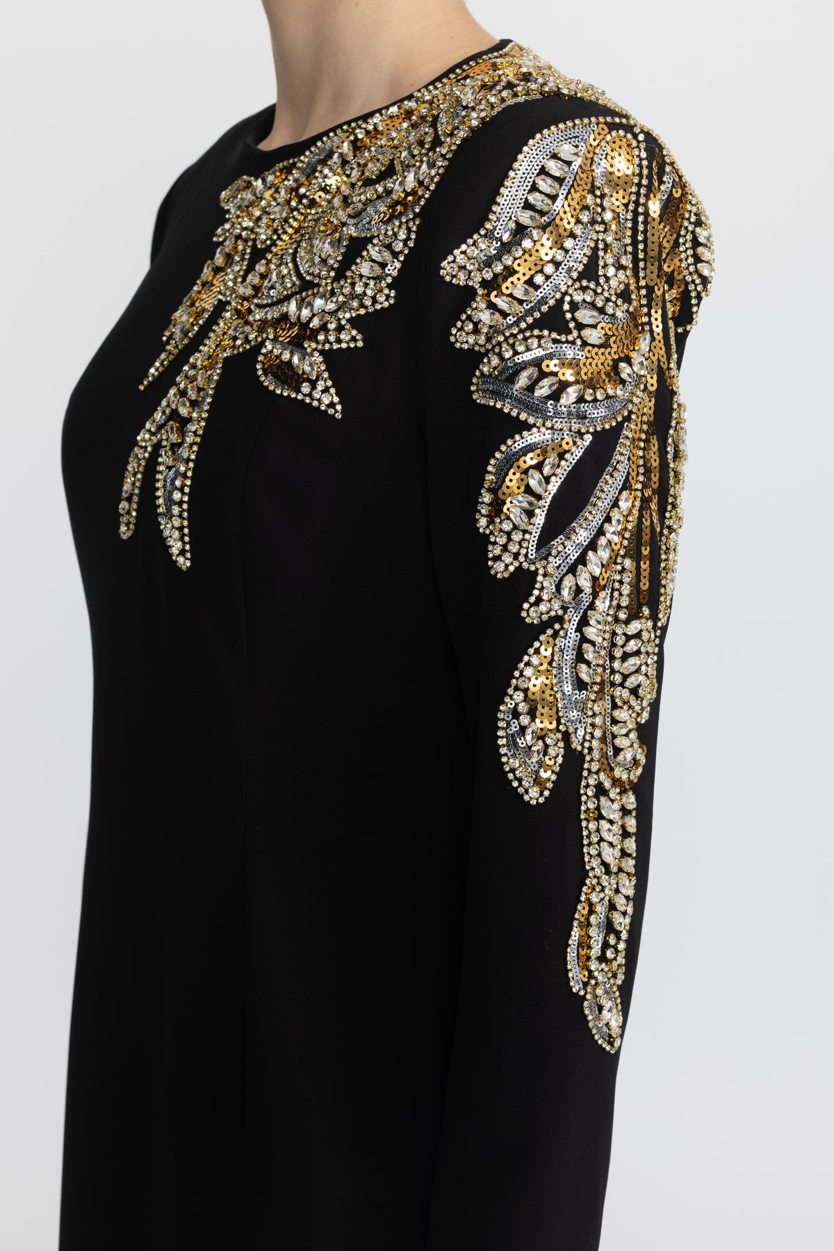 Crystal Leaf Embellished Long Sleeve Maxi Dress - Black