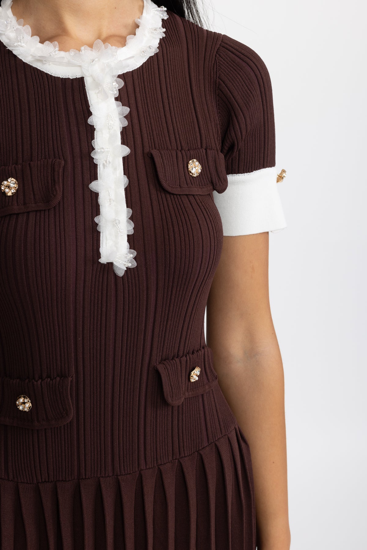 Rochie midi din tricot plisat cu volane decorative - Chocolate 