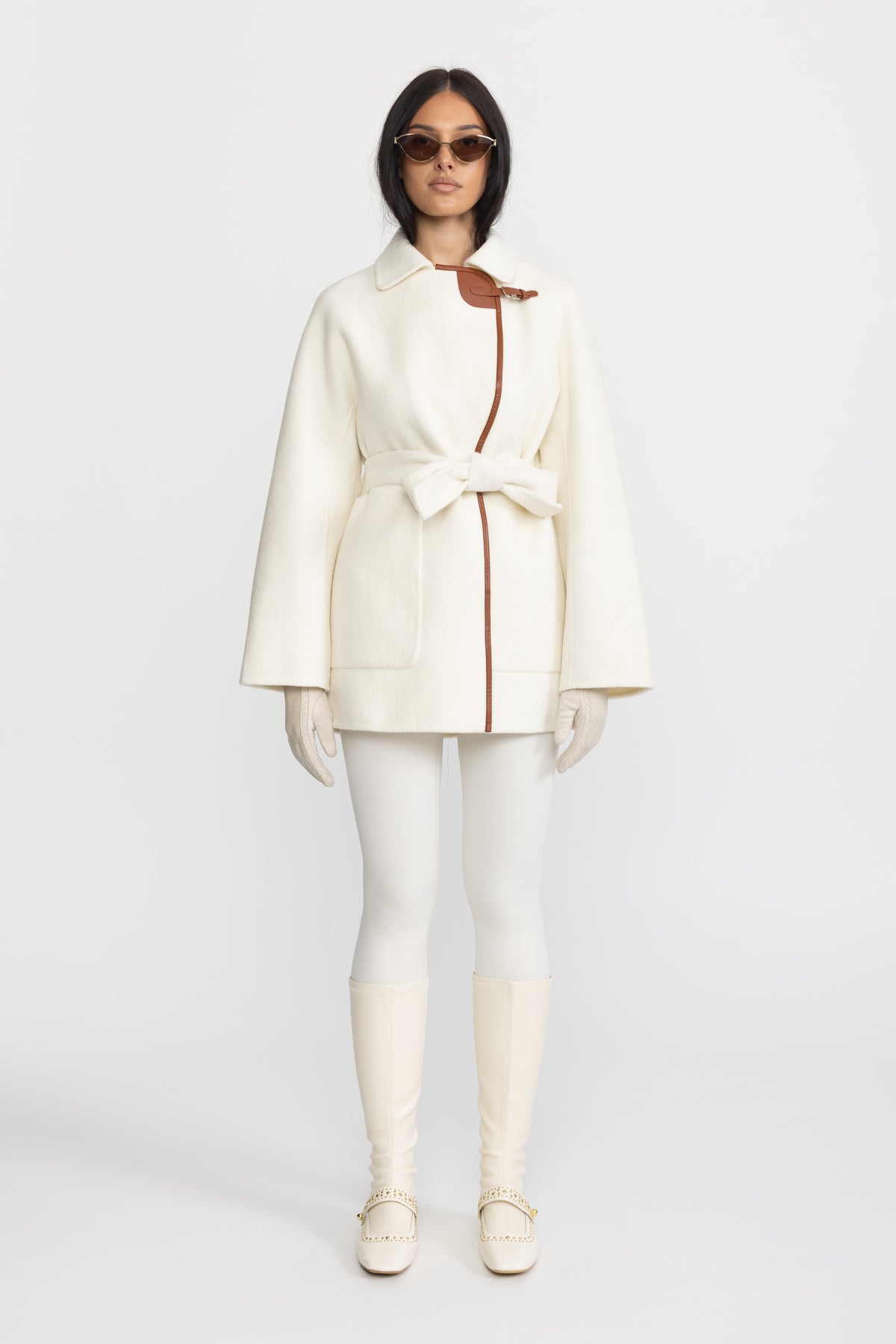Faux Leather Trim Belted Wool Jacket - Off-White