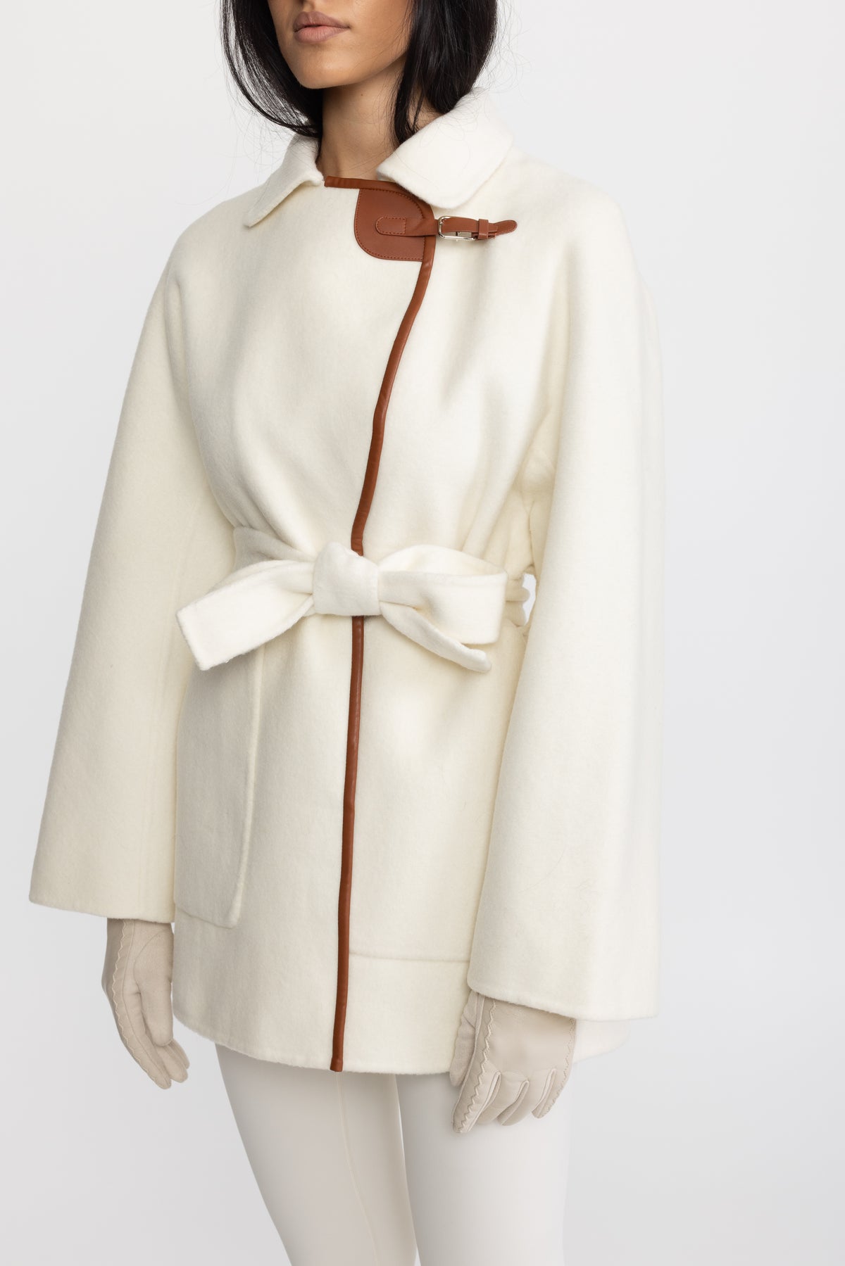 Faux Leather Trim Belted Wool Jacket - Off-White