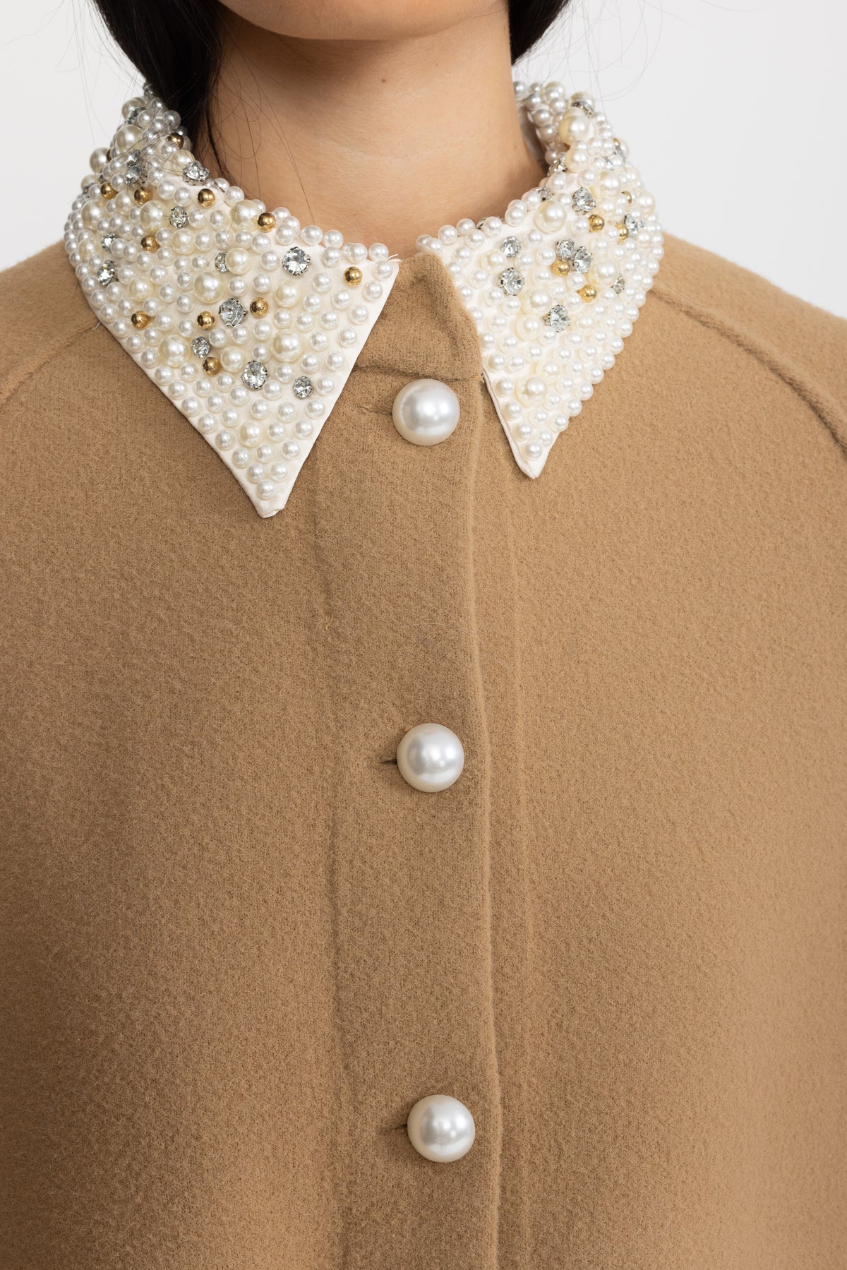 Pearl Embellished Collar Cape with Faux Fur Pockets - Camel