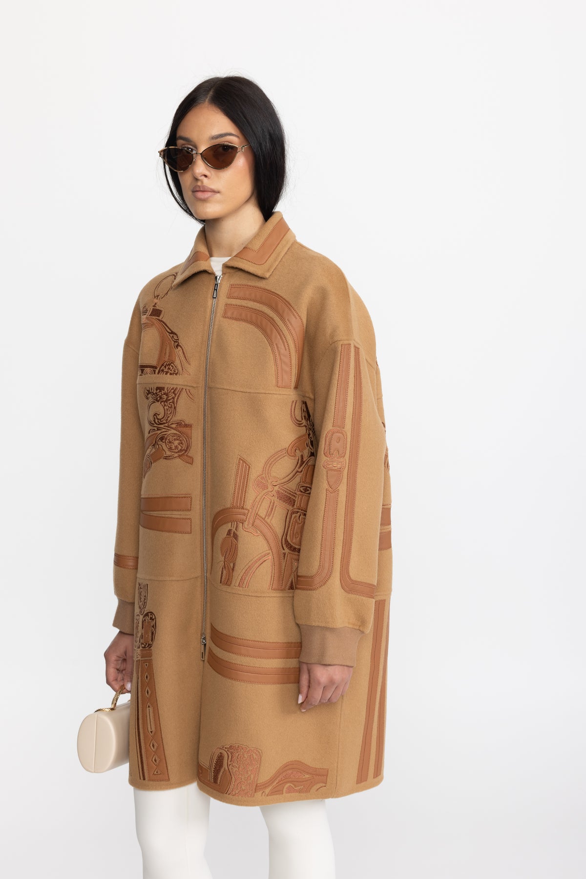 Equestrian Applique Embroidered Wool Zip Coat - Camel