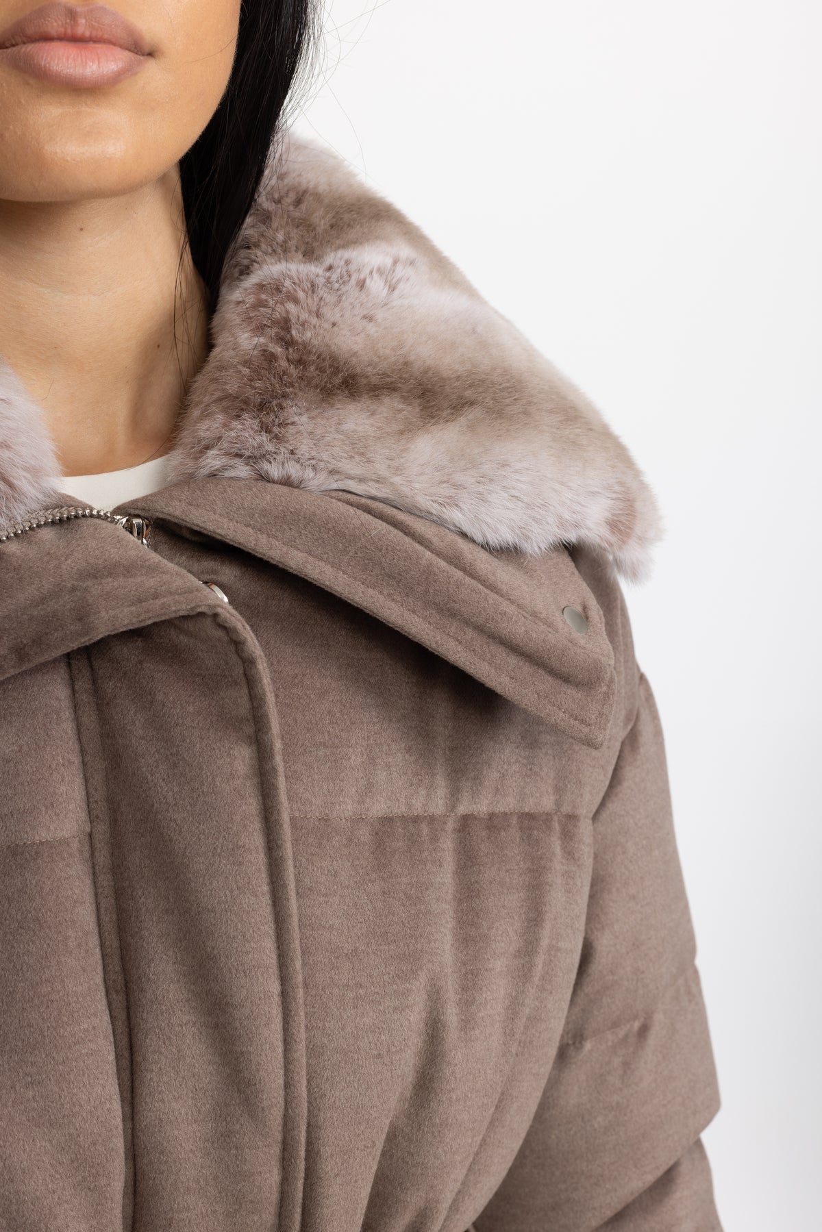 Rex Rabbit Fur Collar Cotton-Silk Down Jacket - Taupe