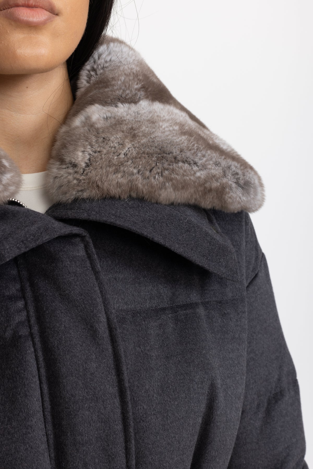 Rex Rabbit Fur Collar Cotton-Silk Down Jacket - Charcoal