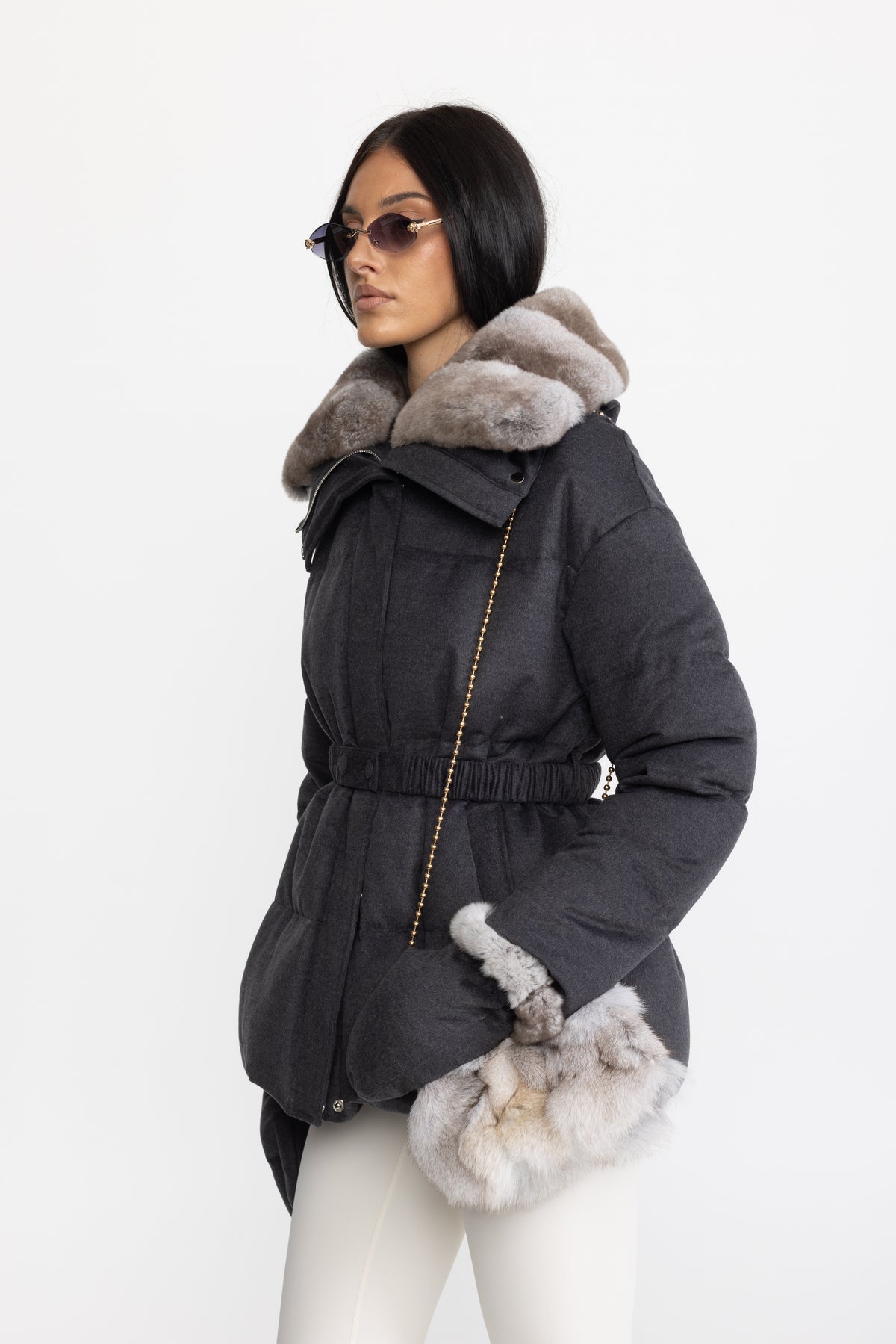 Rex Rabbit Fur Collar Cotton-Silk Down Jacket - Charcoal