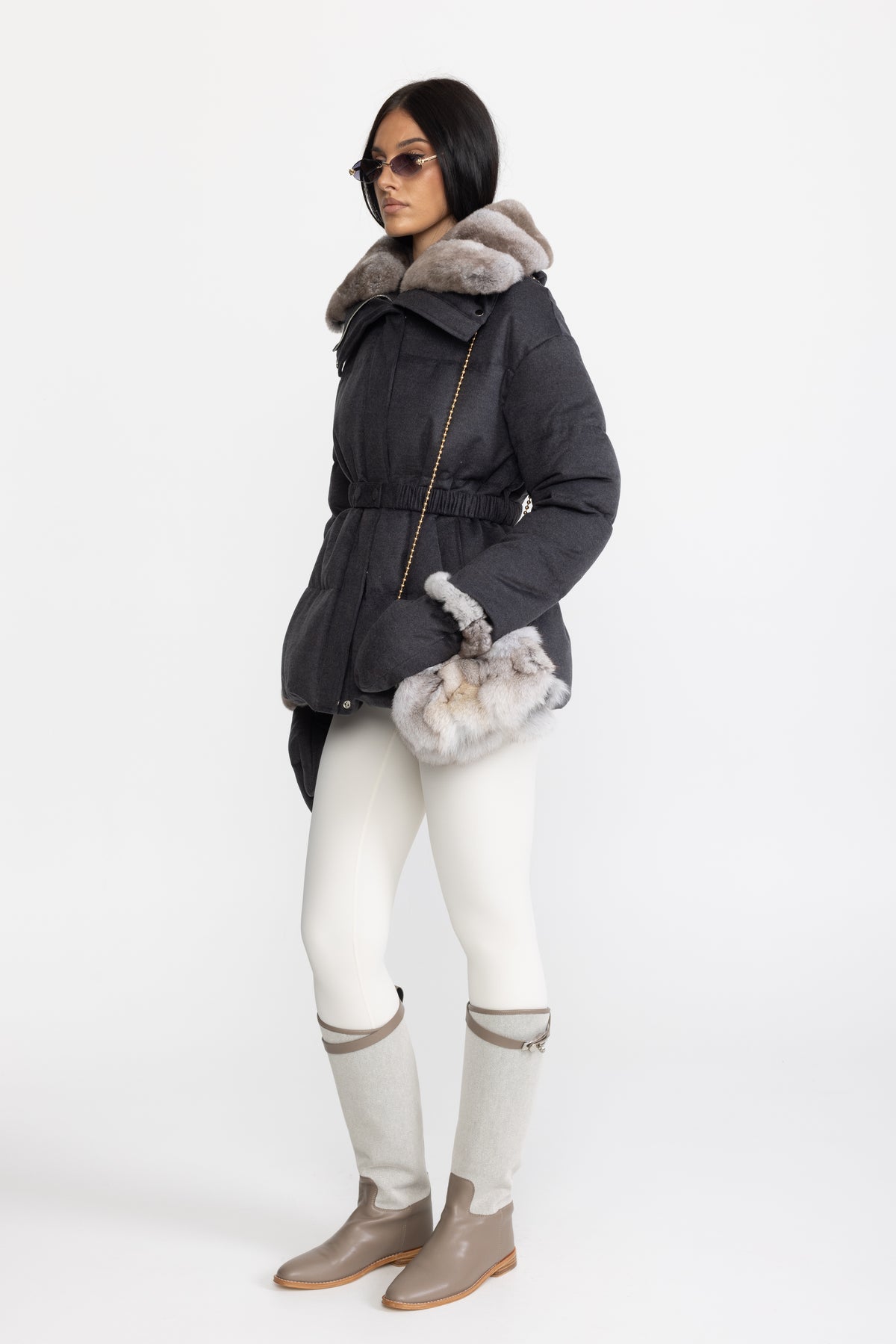 Rex Rabbit Fur Collar Cotton-Silk Down Jacket - Charcoal