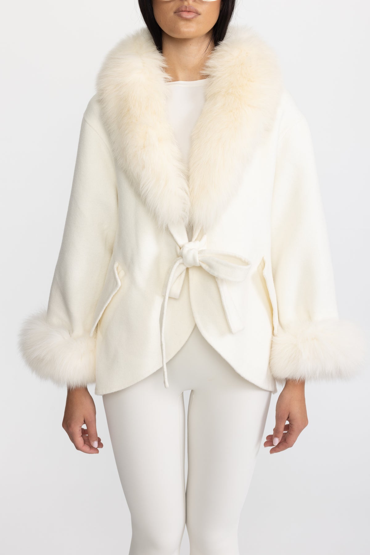 Palton din cașmir cu guler supradimensionat din blană de vulpe - Off White 