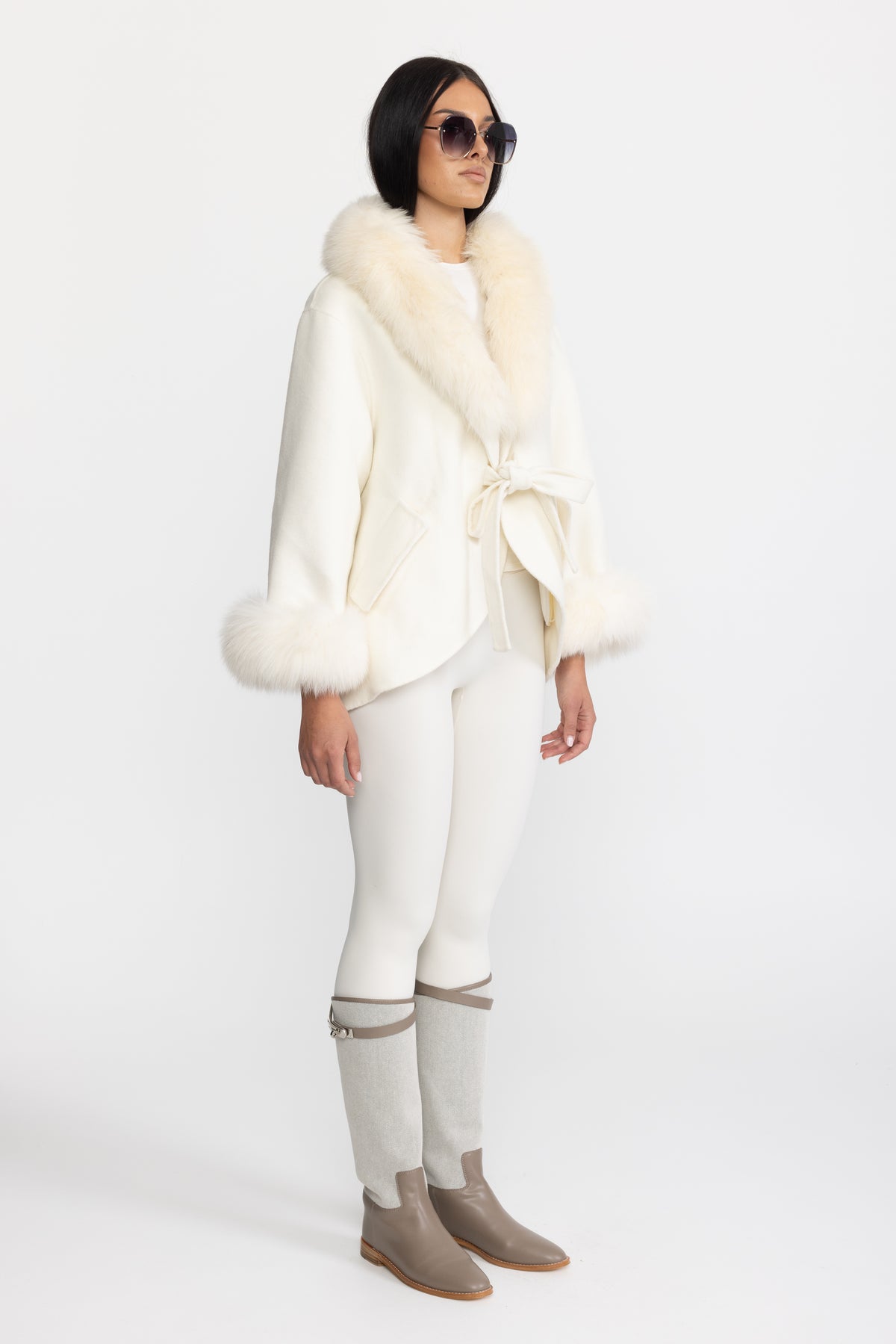 Palton din cașmir cu guler supradimensionat din blană de vulpe - Off White 