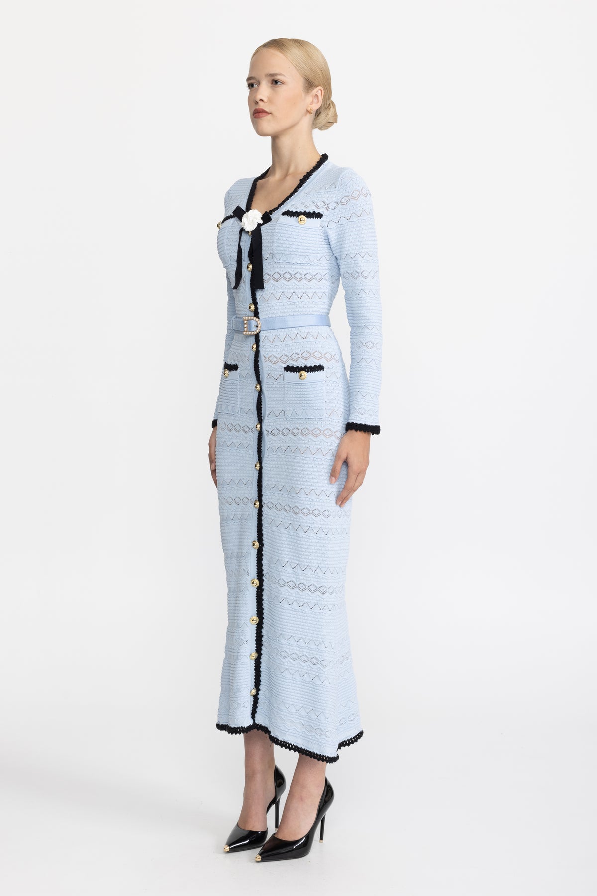 Crochet Trim Knit Button Midi Dress with Flower Brooch - Light Blue