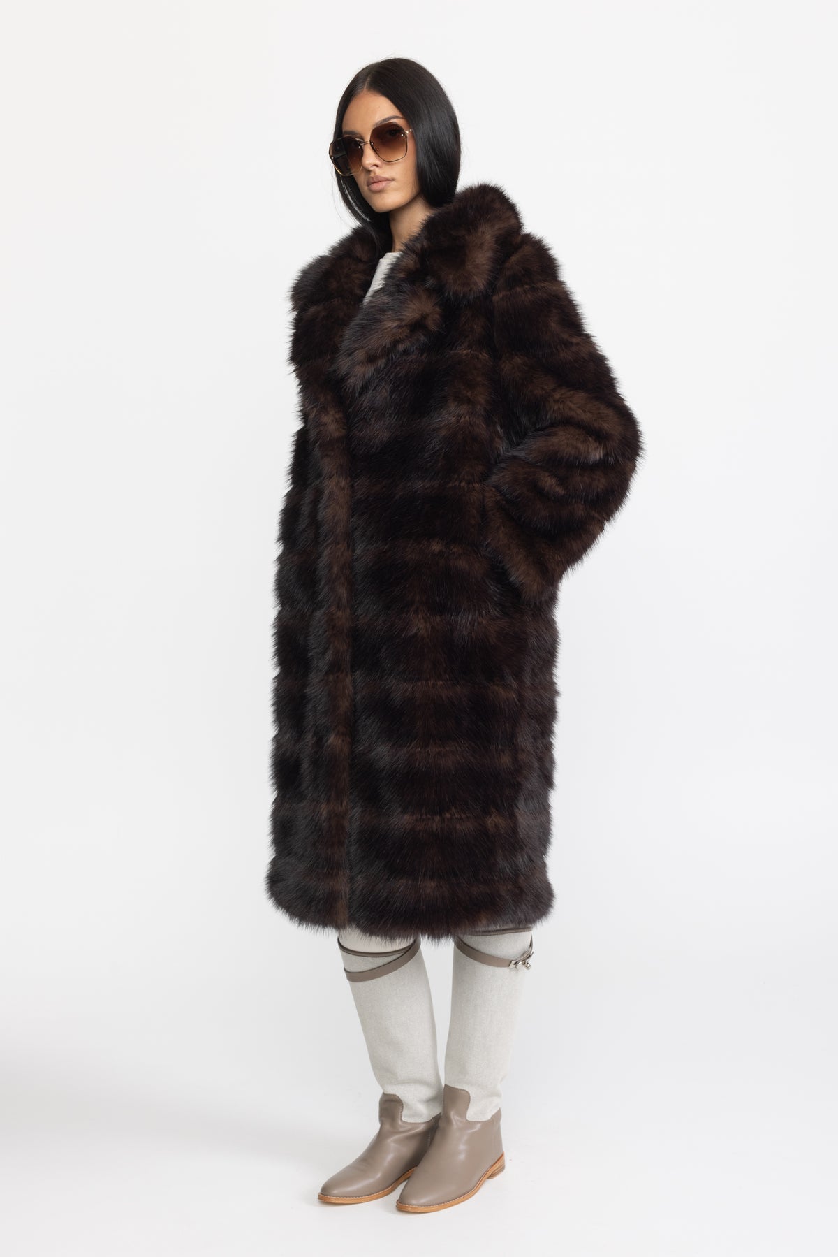 Fur-Effect Panelled Longline Coat - Chocolate