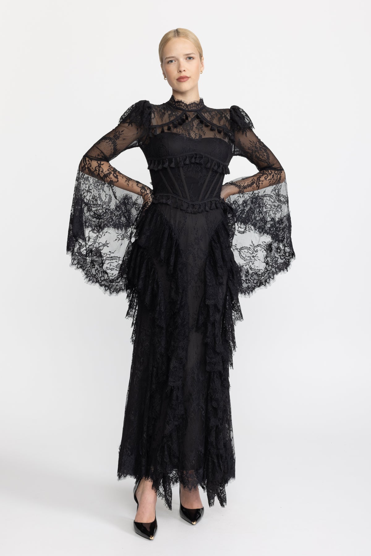 Tassel Trim Lace Corset Bell Sleeve Maxi Dress - Black