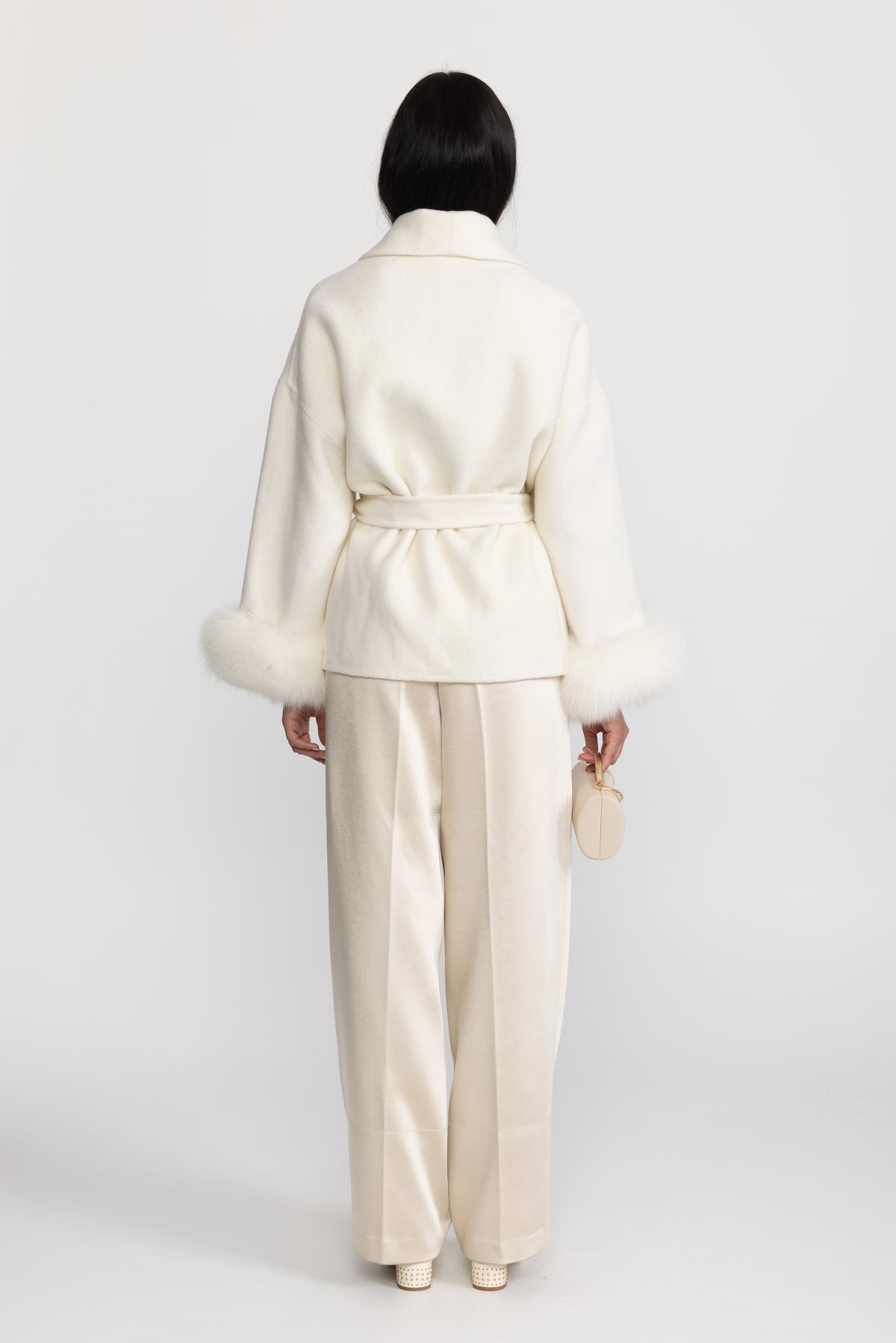 Wool Blend Wrap Jacket with Fox Fur Cuffs - Ivoire