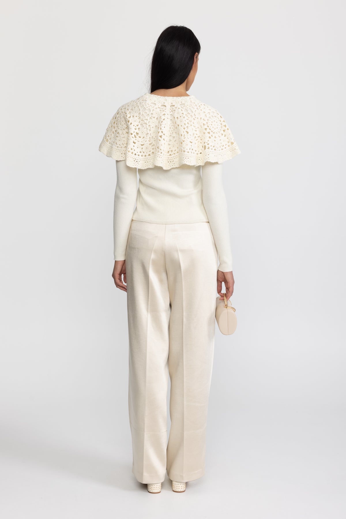 Cardigan din tricot reiat cu guler pelerină croșetat - Ivoire 
