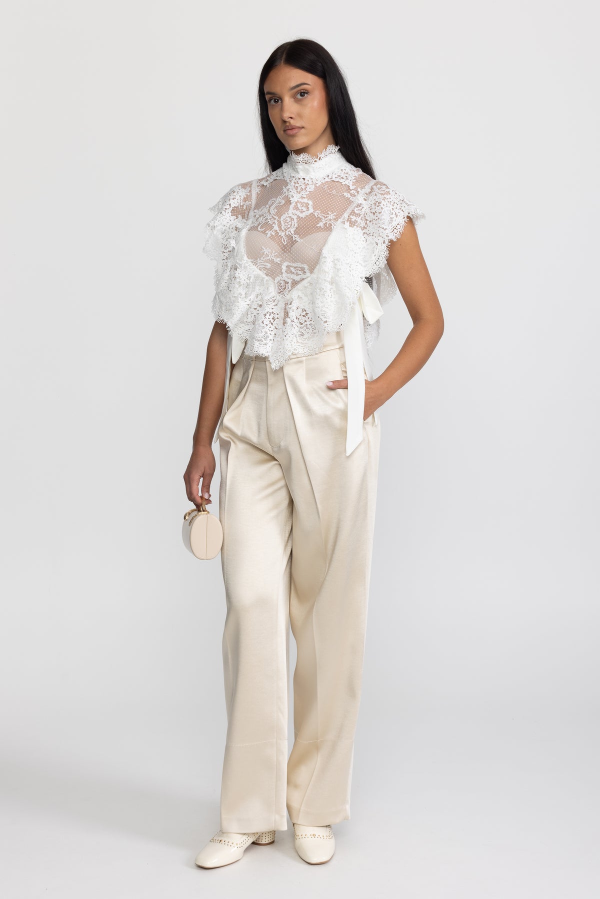Sheer Lace Ruffle Mock Neck Top - White