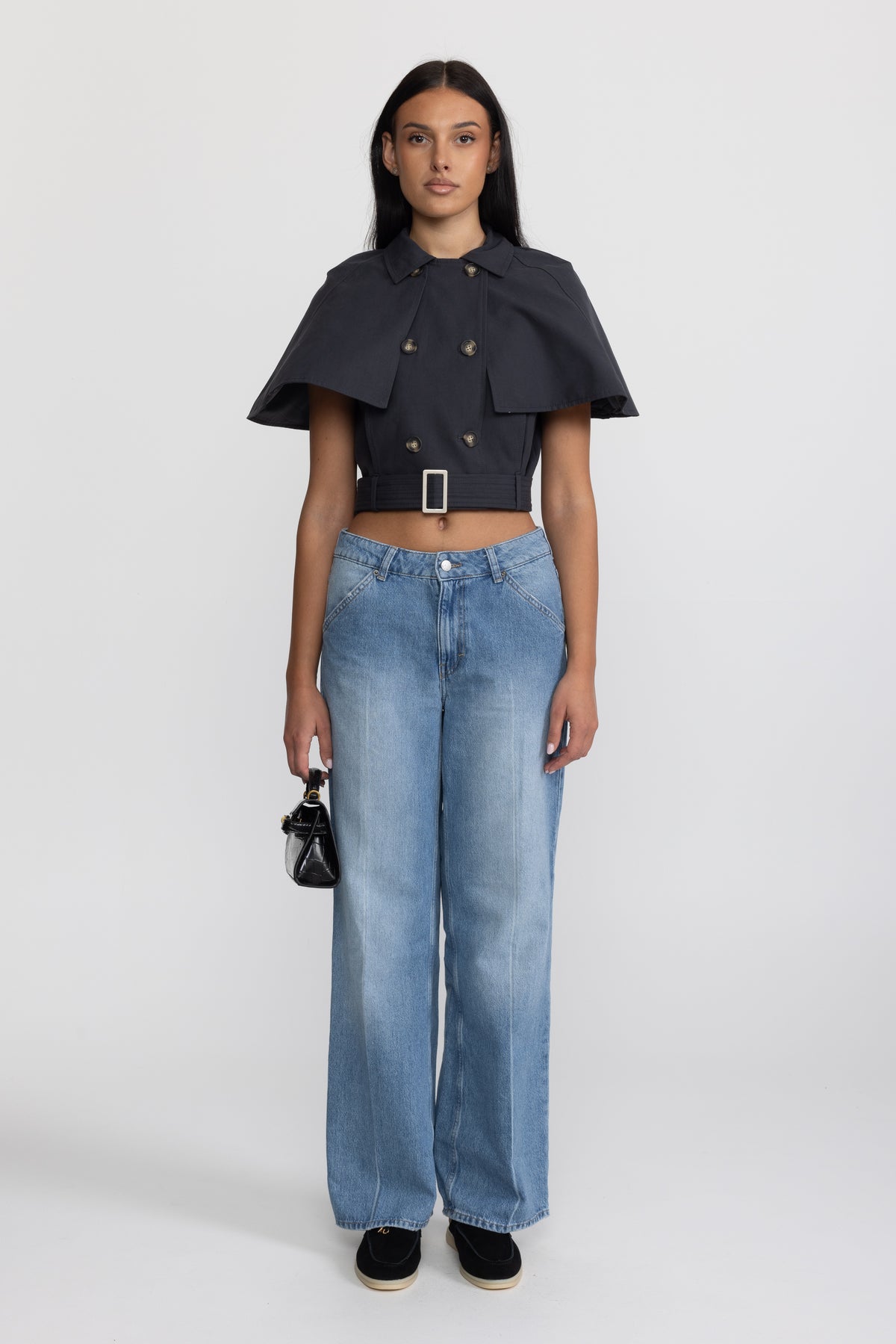 Top tip pelerină trench cropped cu curea - bleumarin 