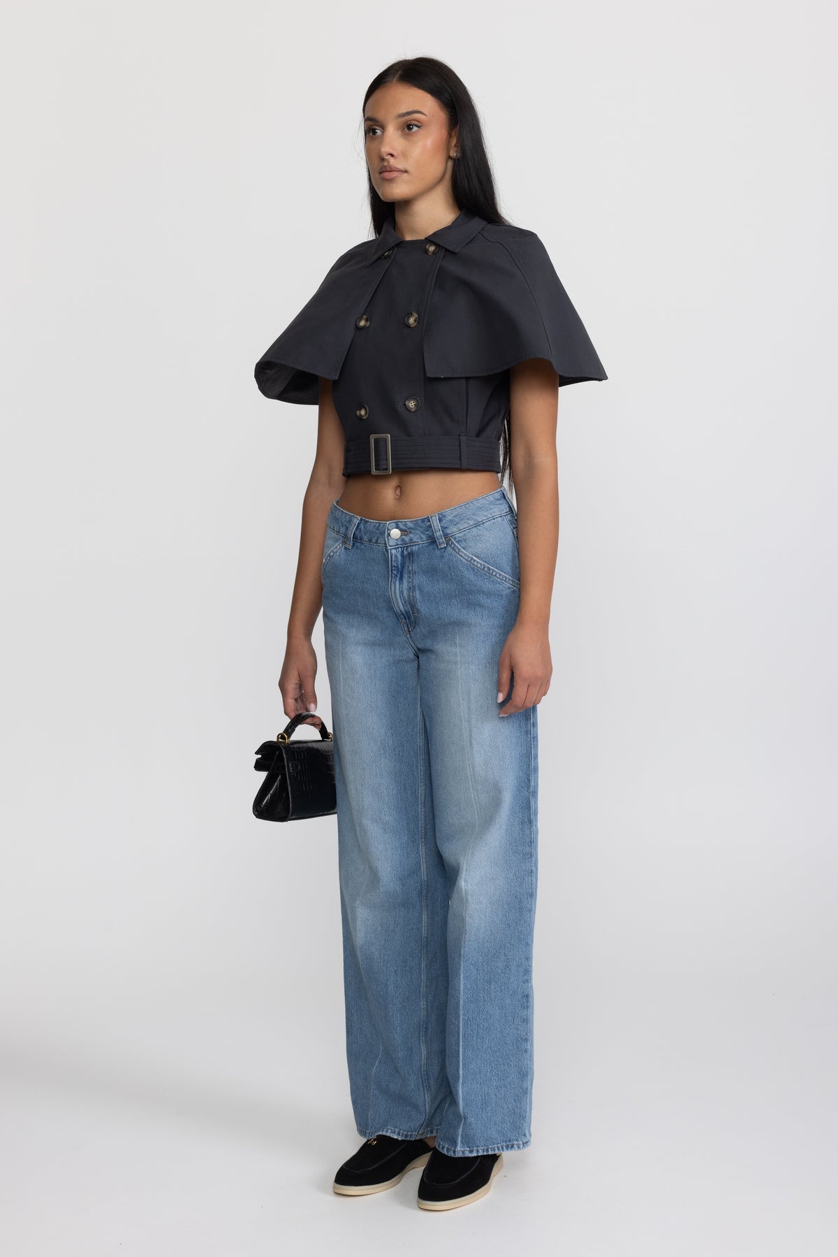 Top tip pelerină trench cropped cu curea - bleumarin 