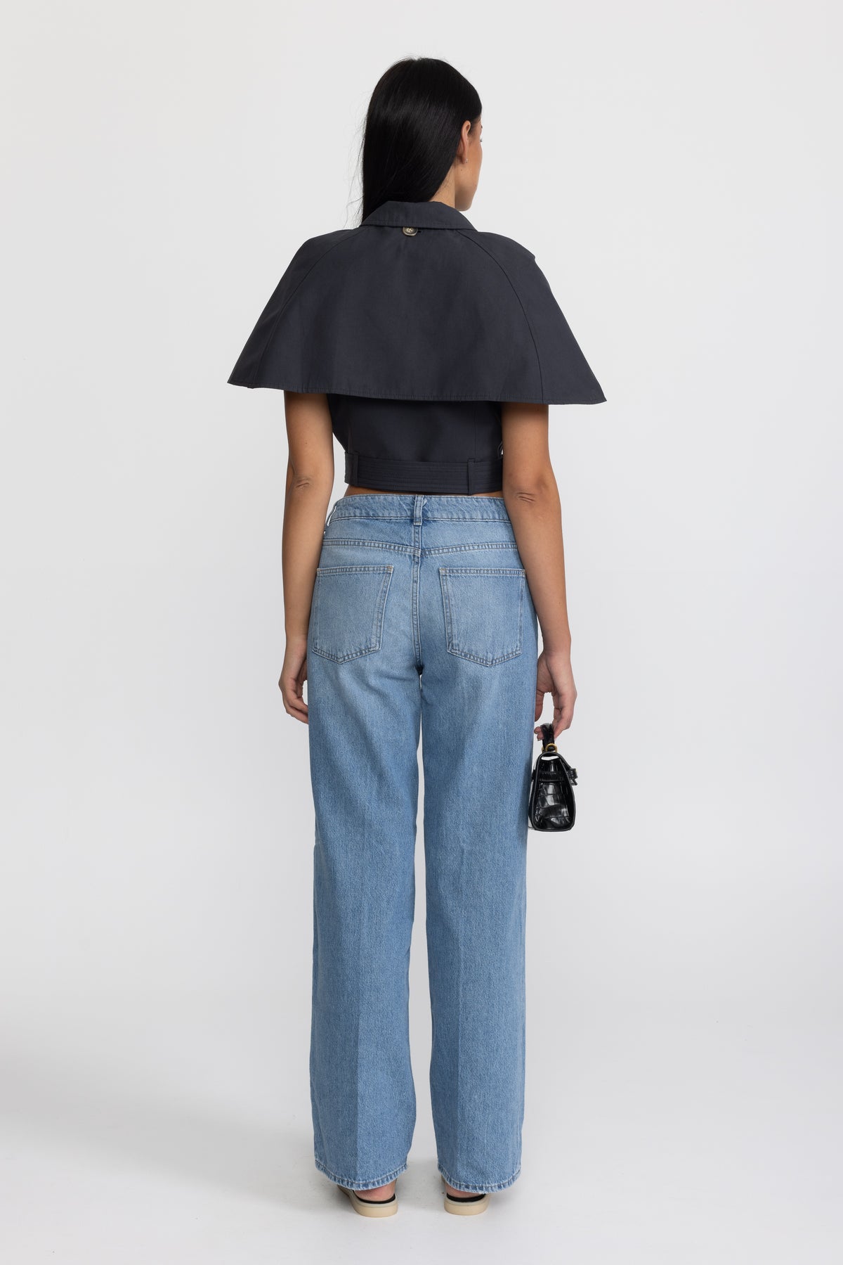 Top tip pelerină trench cropped cu curea - bleumarin 