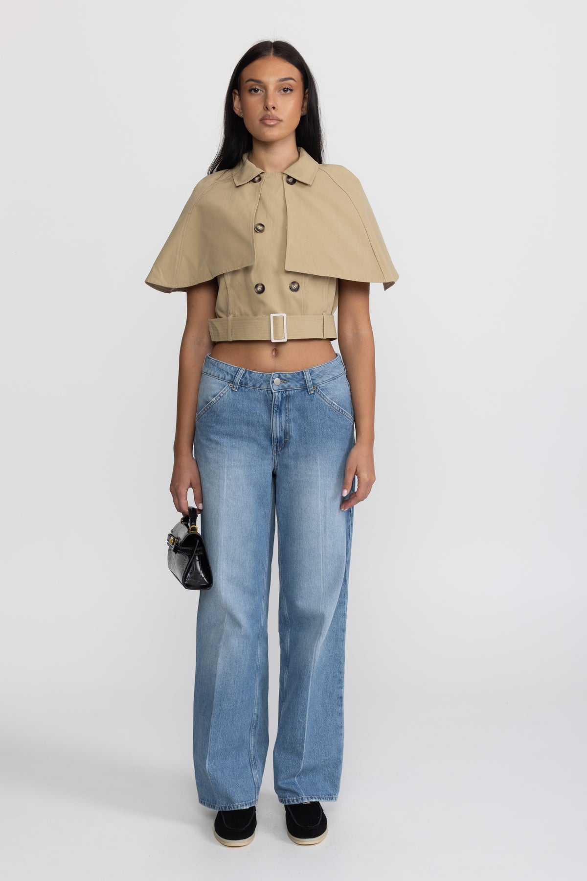 Top tip capă trench cropped cu curea - kaki 