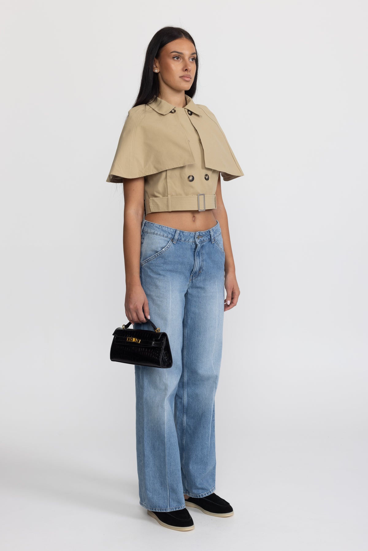 Top tip capă trench cropped cu curea - kaki 