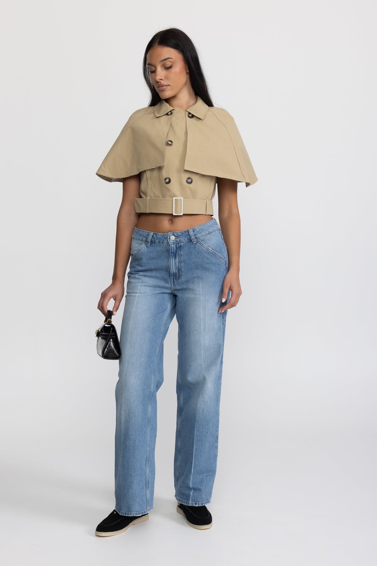Top tip capă trench cropped cu curea - kaki 