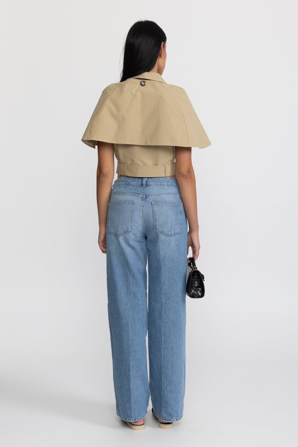 Top tip capă trench cropped cu curea - kaki 