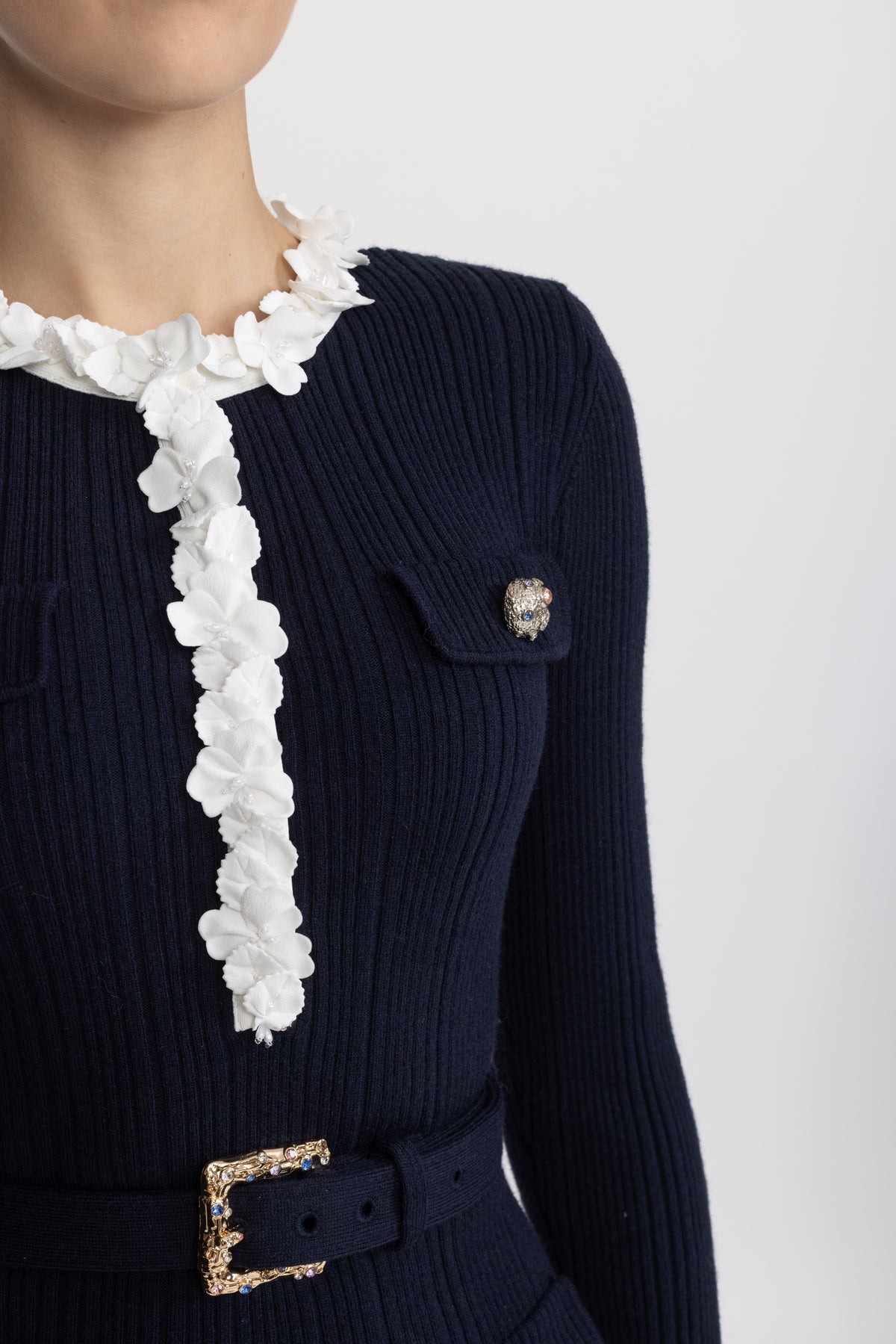 Floral Ruffle Rib Knit Belted Mini Dress - Navy