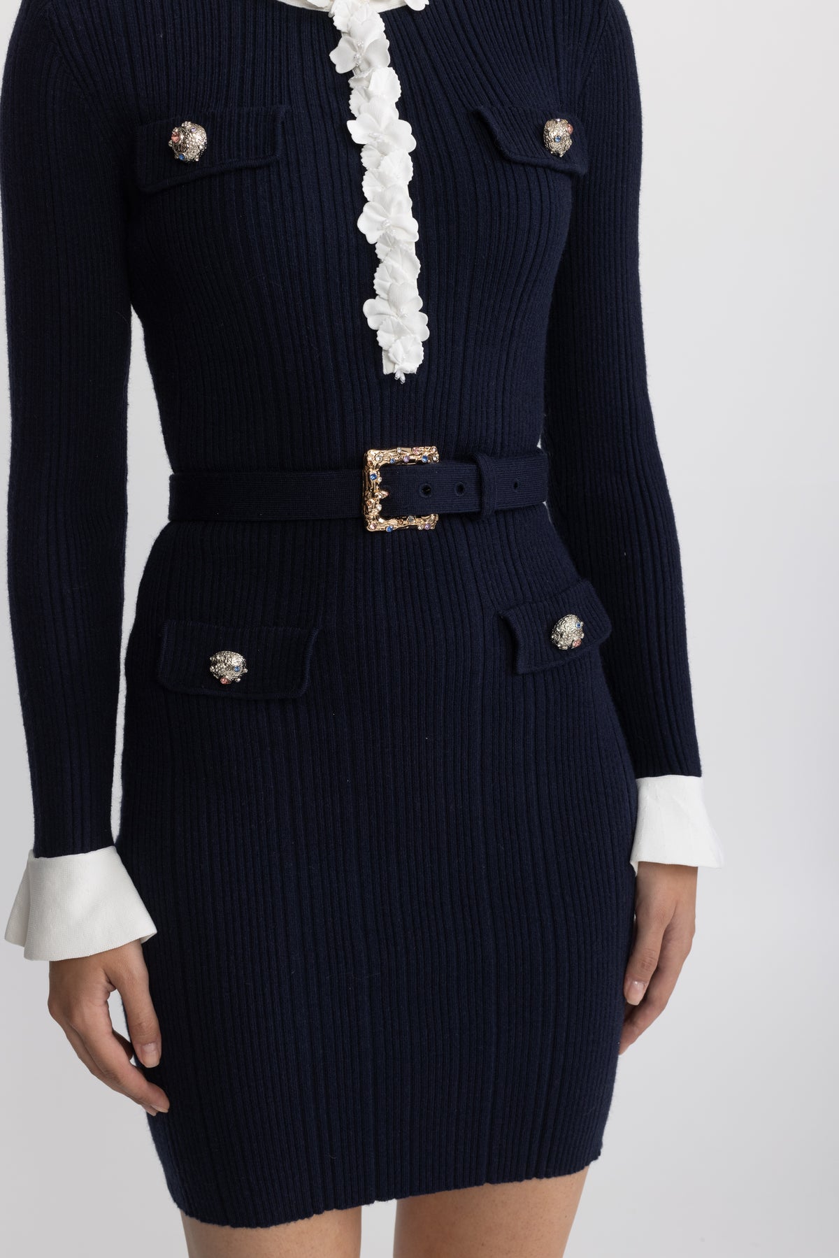 Floral Ruffle Rib Knit Belted Mini Dress - Navy