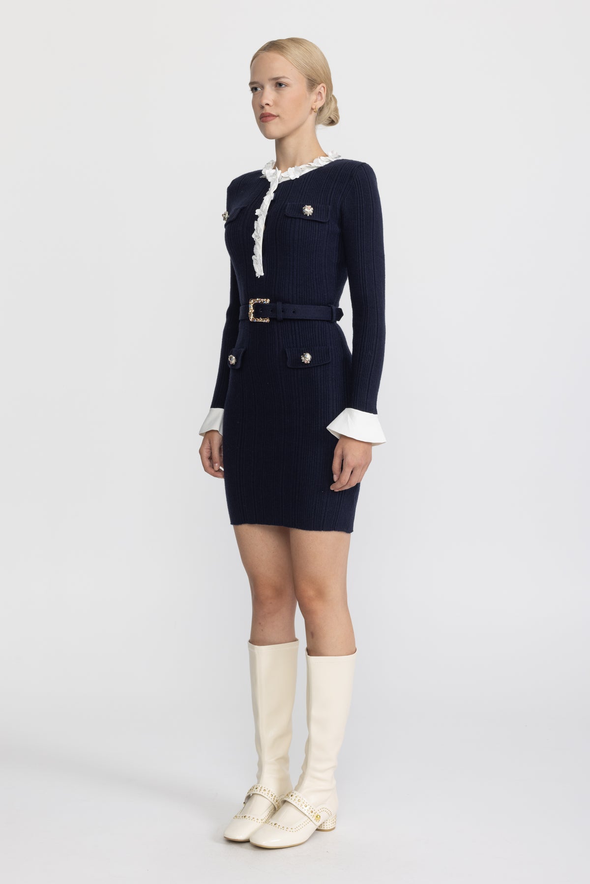 Floral Ruffle Rib Knit Belted Mini Dress - Navy