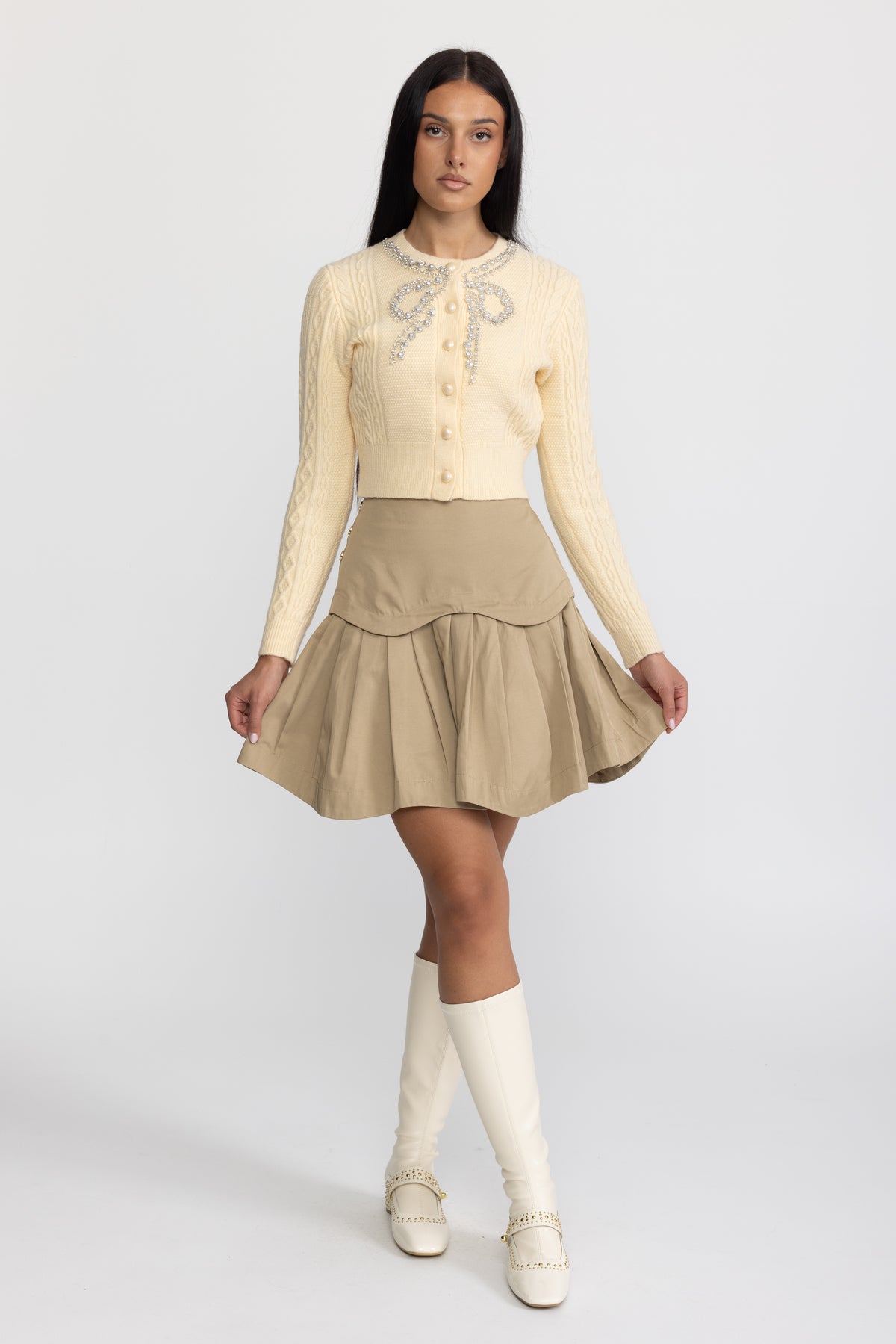 Cardigan din tricot cablu cu fundă decorativă din perle - galben 