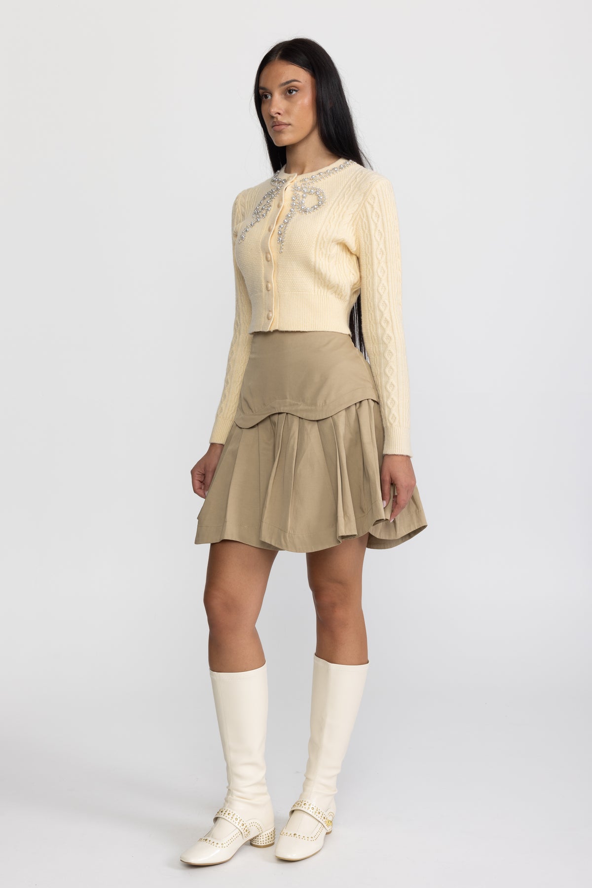 Cardigan din tricot cablu cu fundă decorativă din perle - galben 