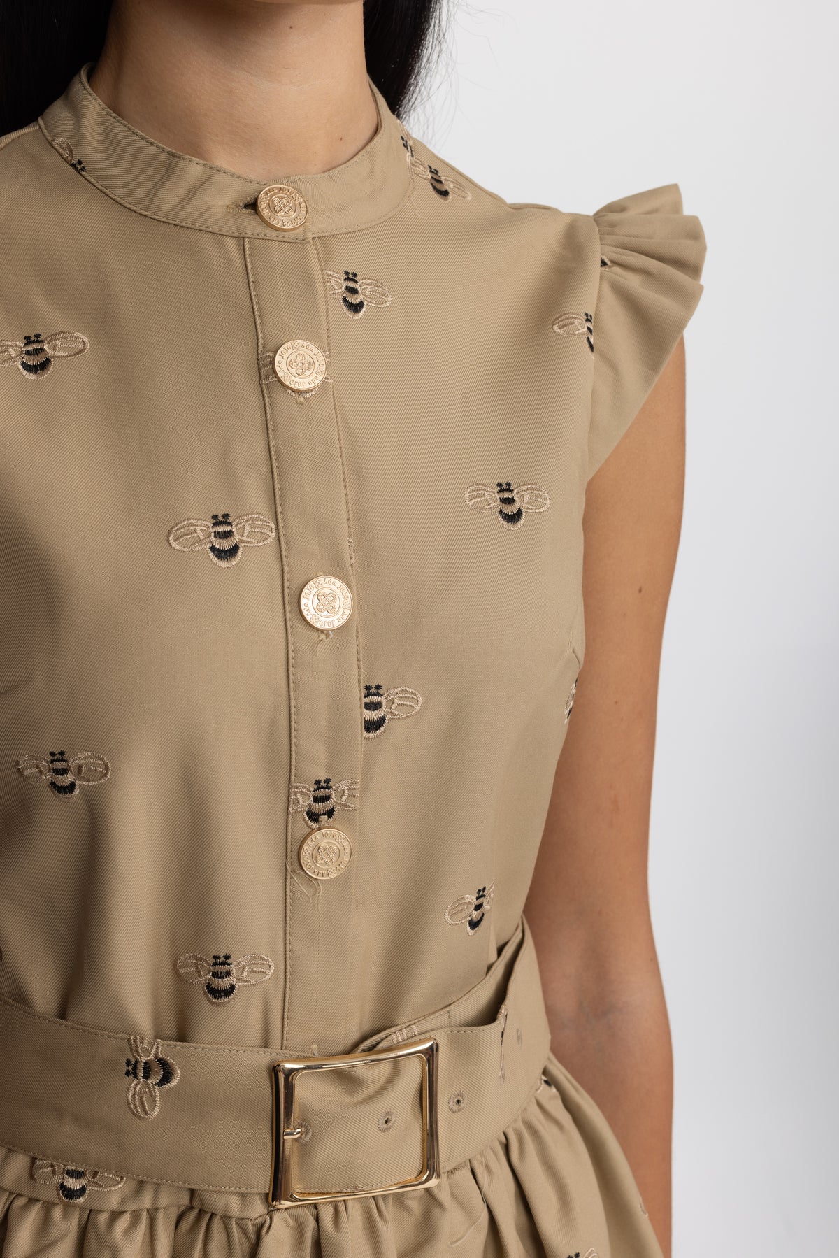 Bee Embroidered Belted Cotton Mini Dress - Khaki