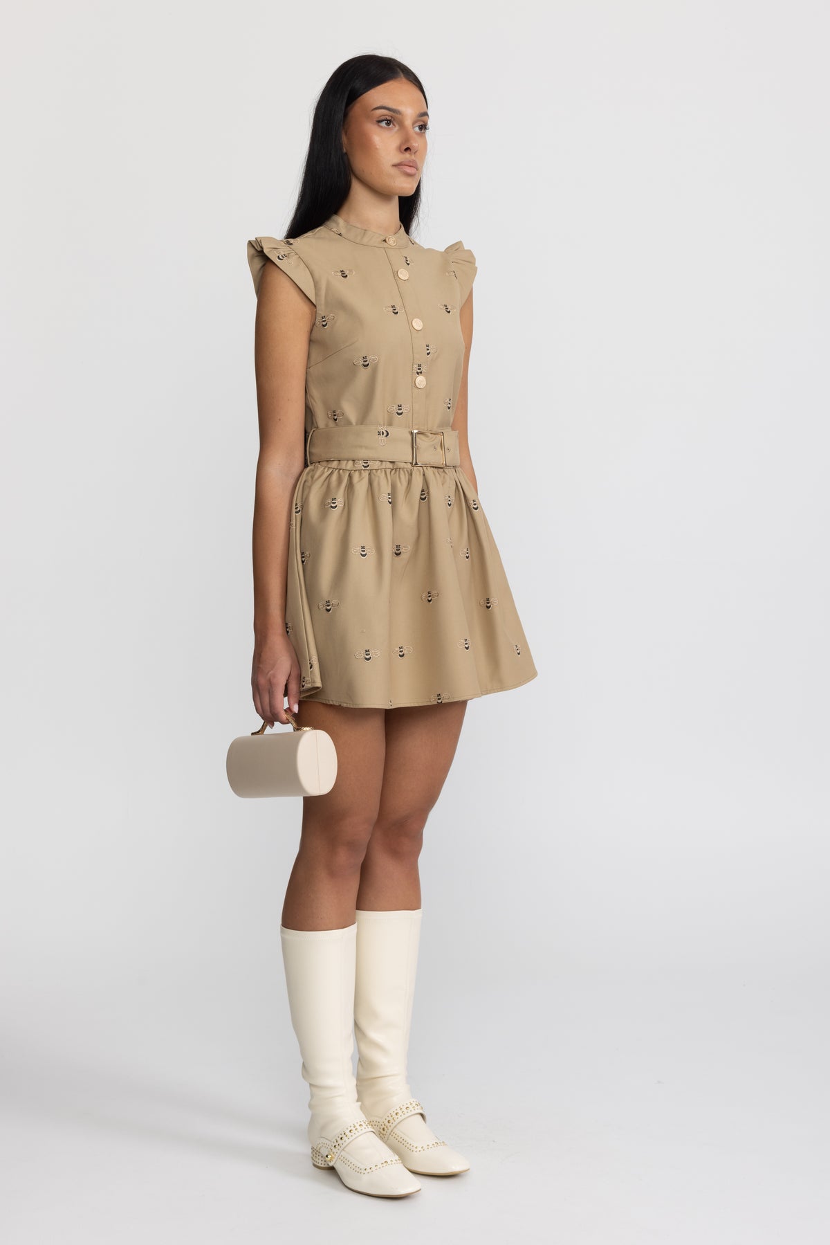 Bee Embroidered Belted Cotton Mini Dress - Khaki