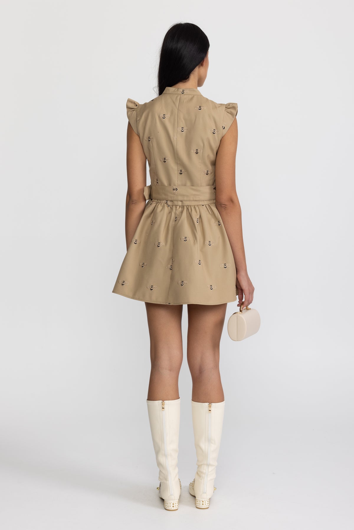 Bee Embroidered Belted Cotton Mini Dress - Khaki