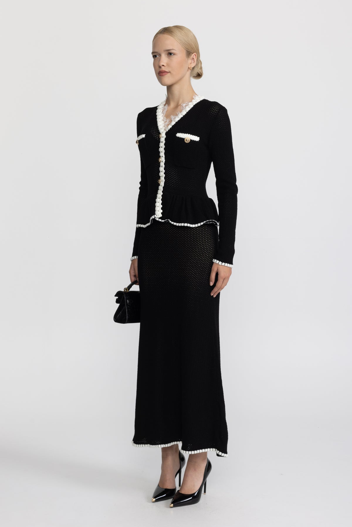 Lace Trim Crochet Knit Peplum Maxi Dress - Black