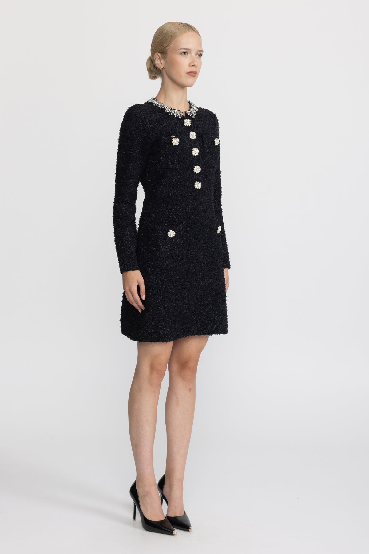 Rochie mini din tricot bouclé cu aplicații de cristale - negru 